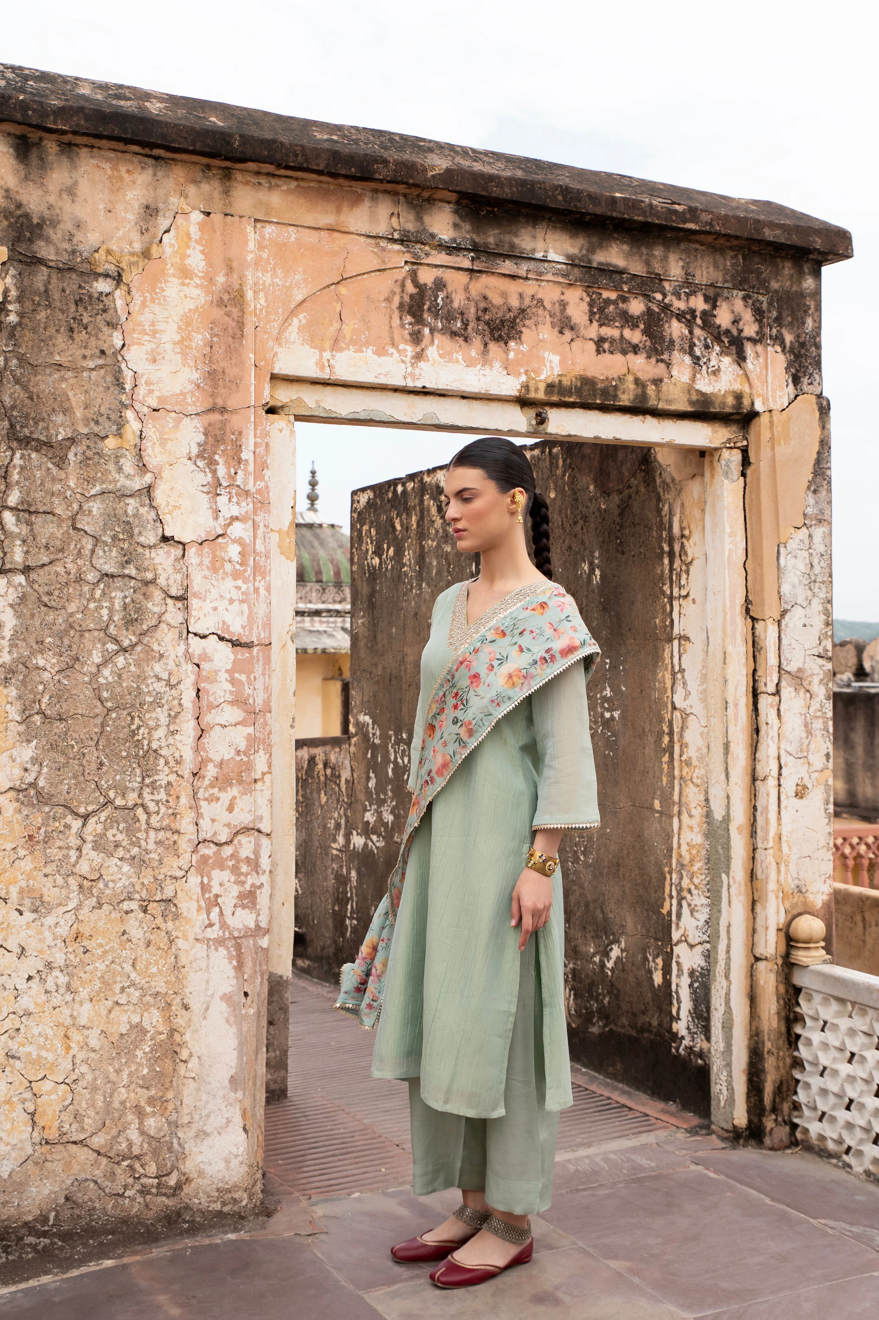 Pastel Green Embellished Crushed Tissue Silk Pant Set - Image 3
