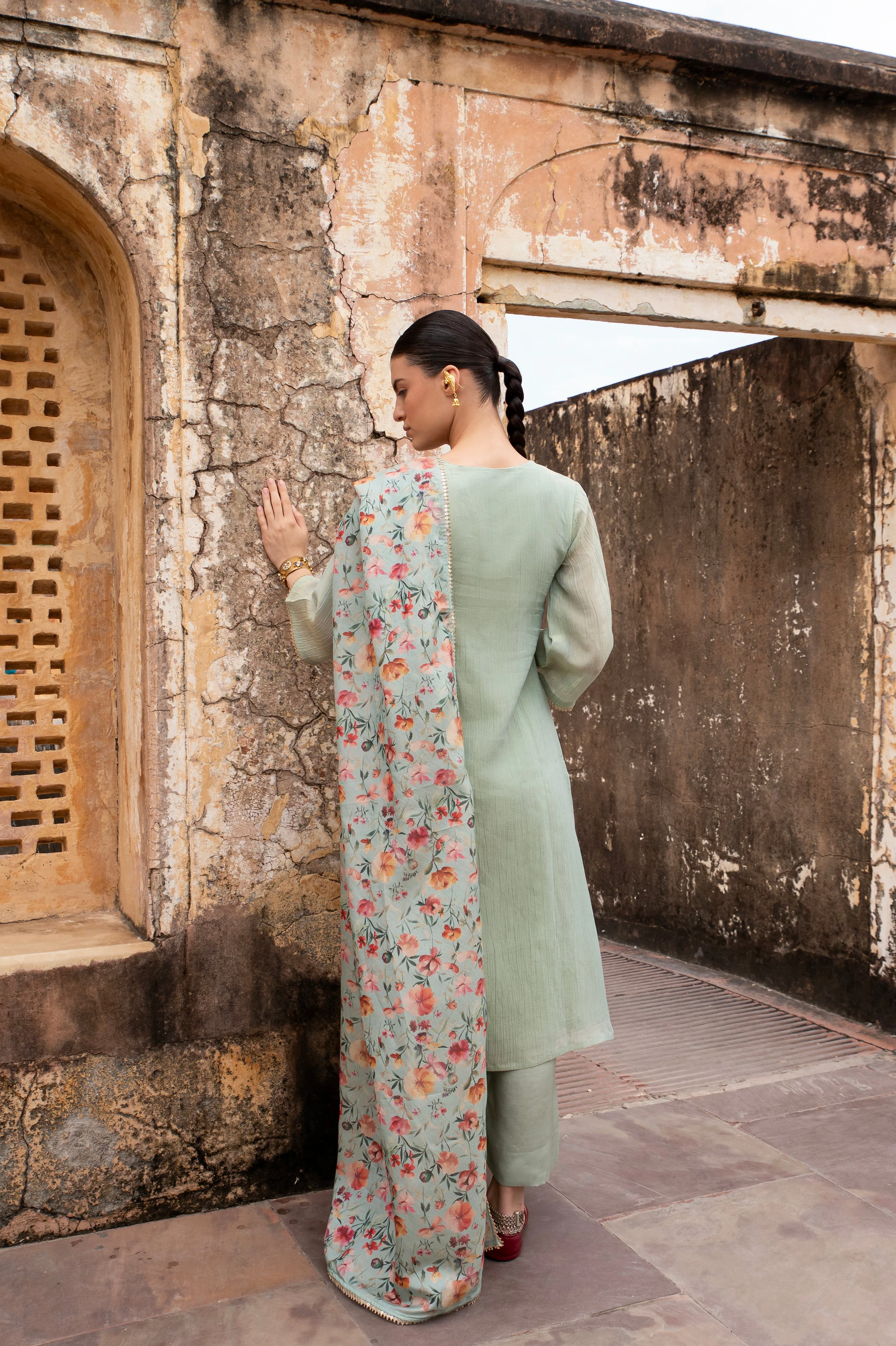Pastel Green Embellished Crushed Tissue Silk Pant Set - Image 4