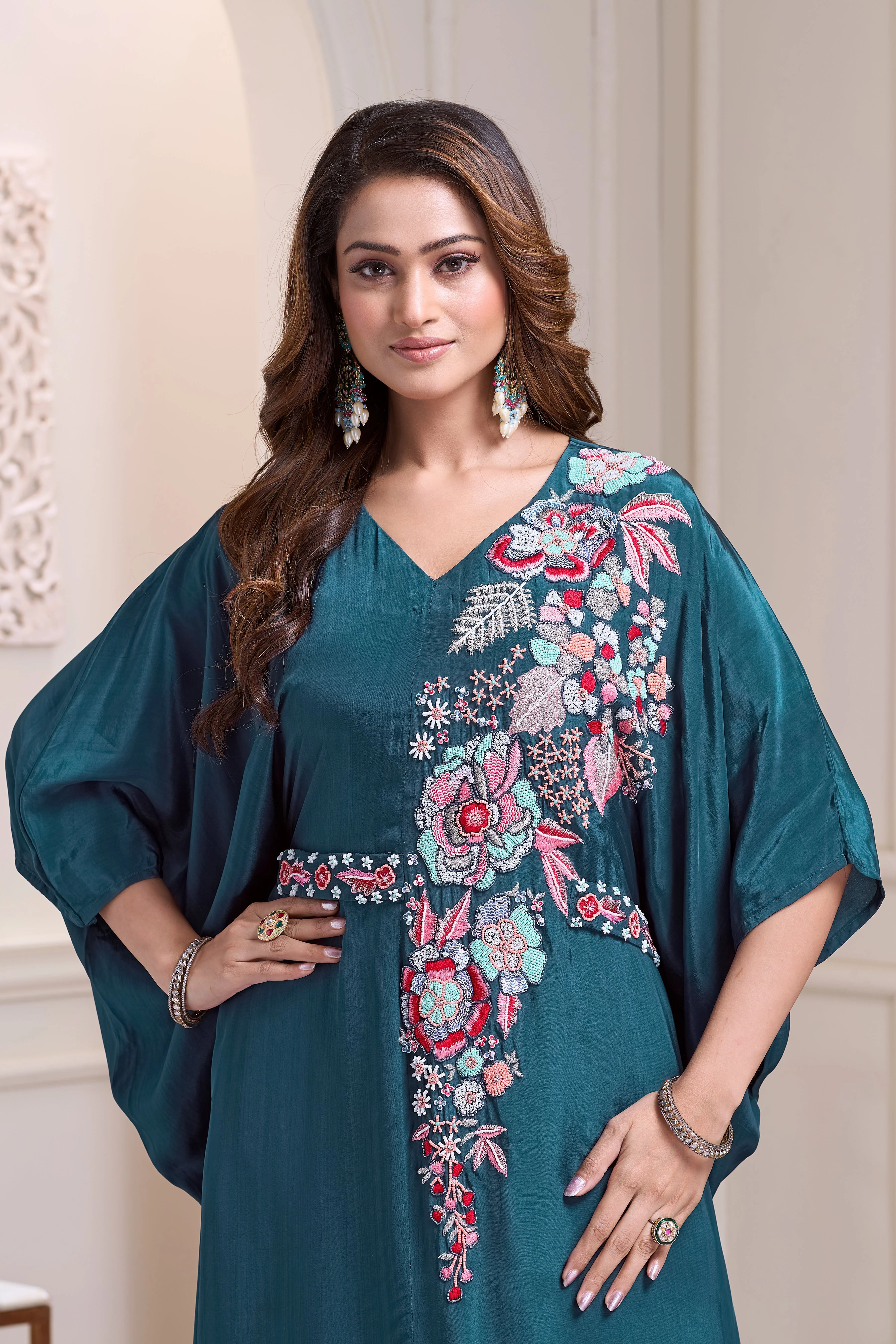 Aqua Teal Embellished Chinon Silk Kaftan Set - Image 2