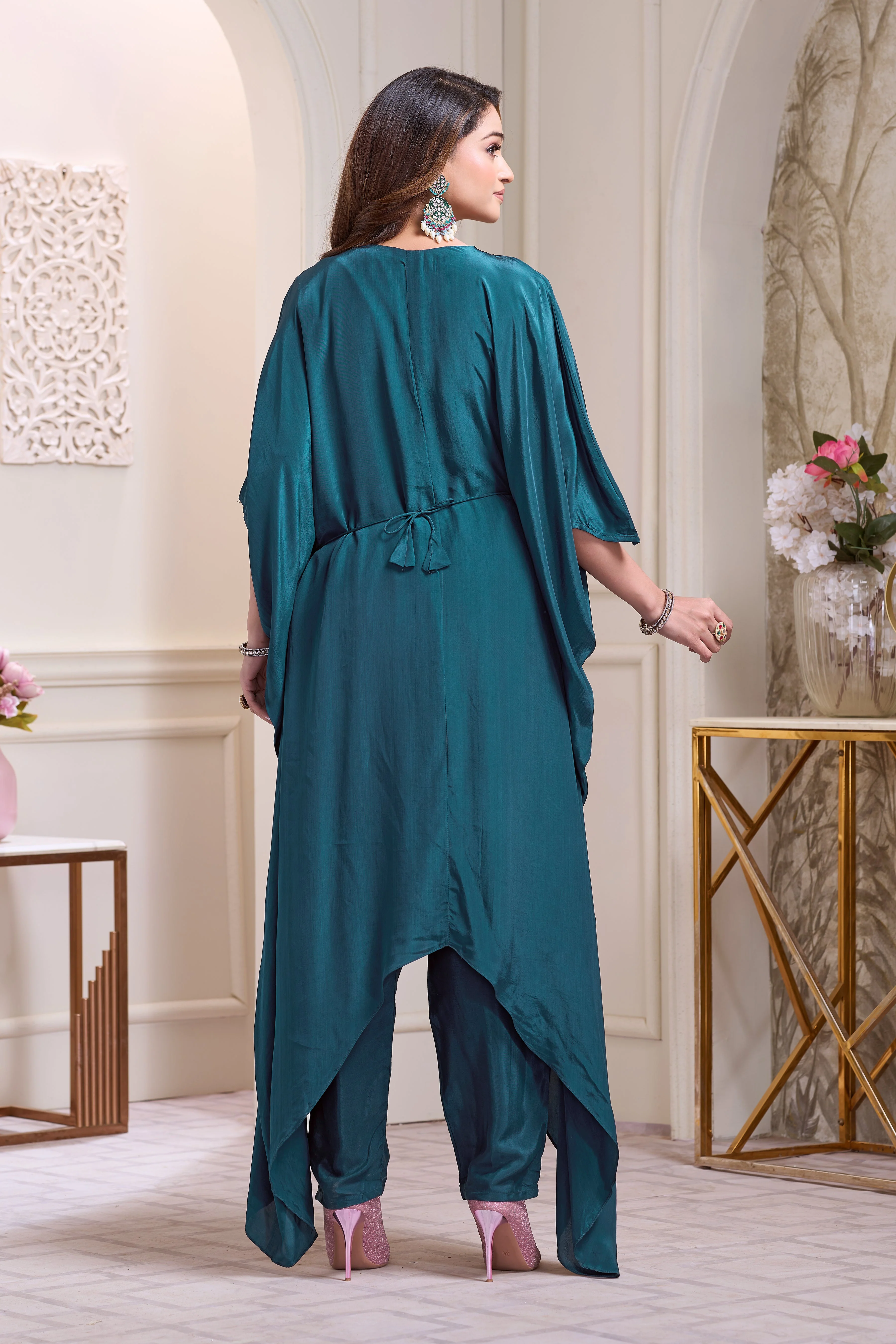 Aqua Teal Embellished Chinon Silk Kaftan Set - Image 3