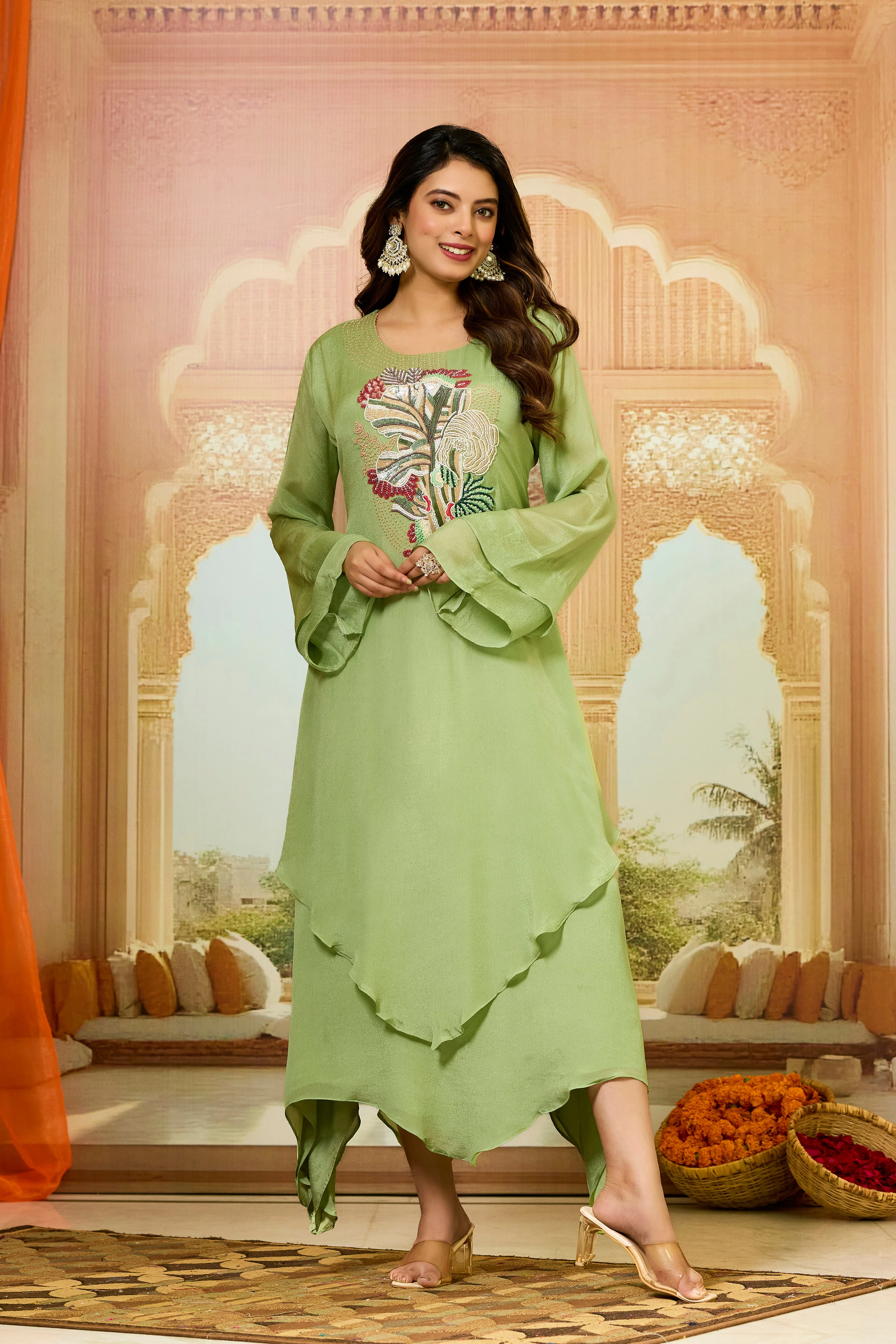 Green Asymmetrical Chinon Silk Dress - Image 3