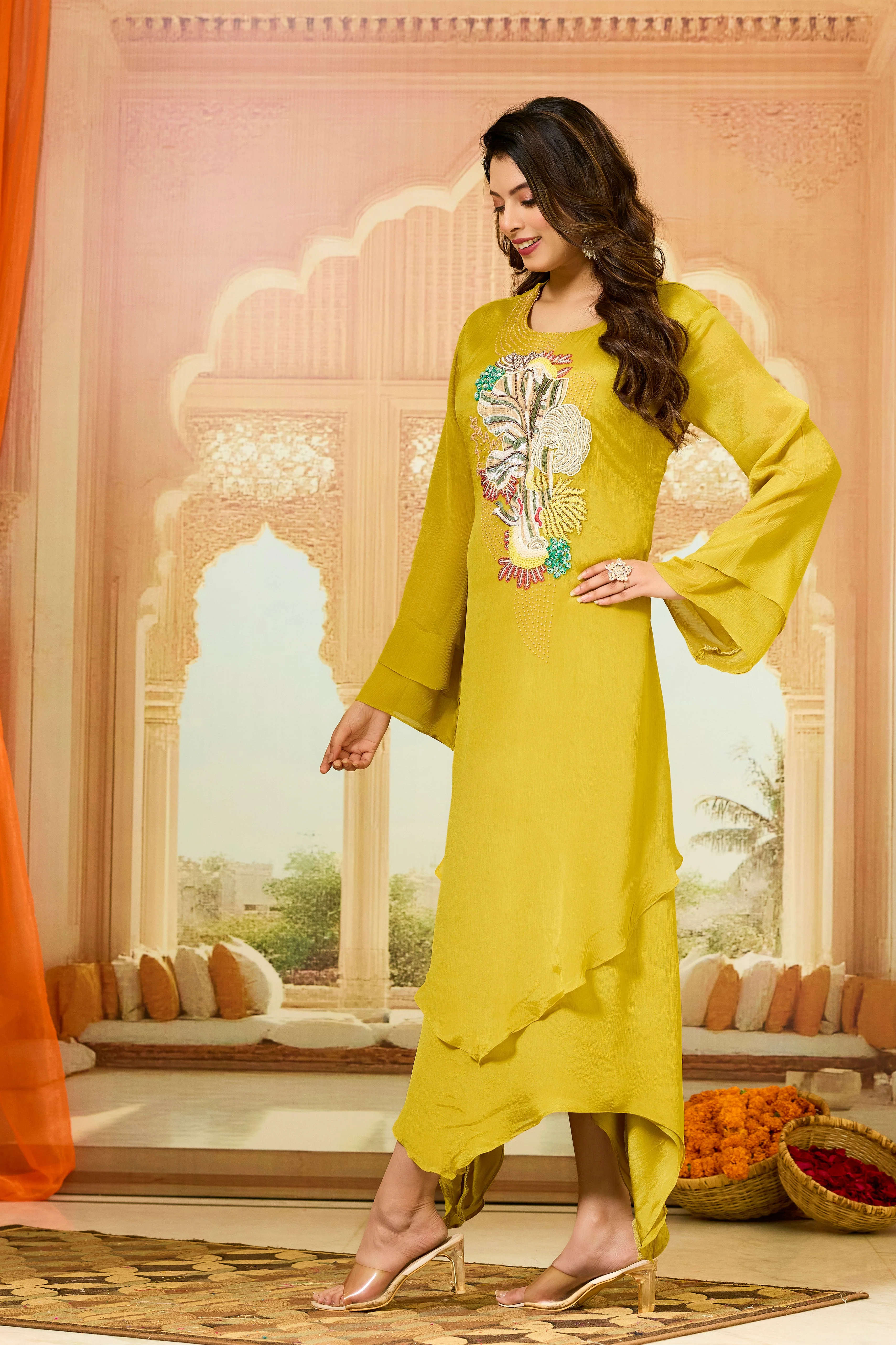 Mustard Asymmetrical Chinon Silk Dress - Image 3