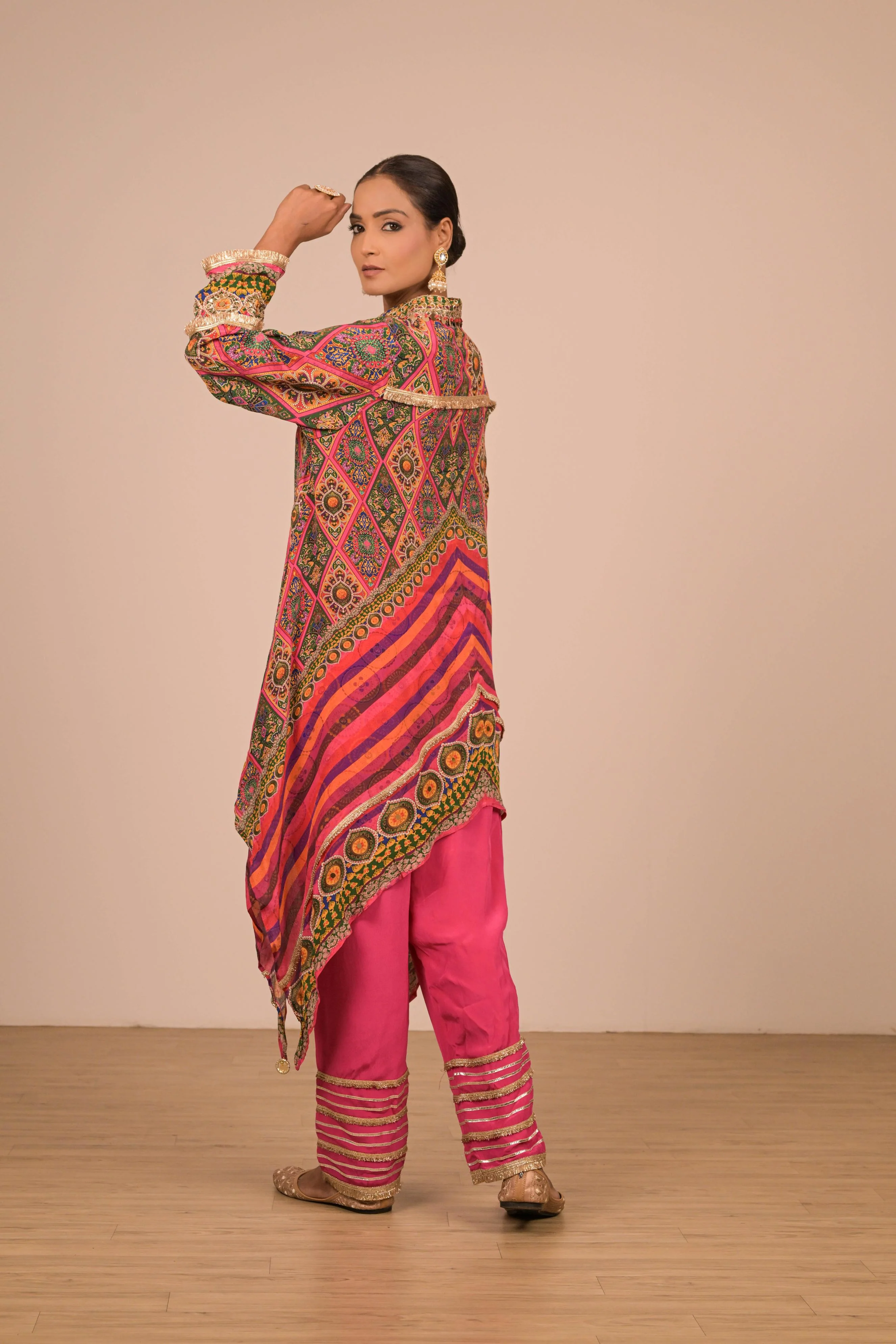 Asymmetrical Printed Kurta Set in Jewel Tones - Image 2