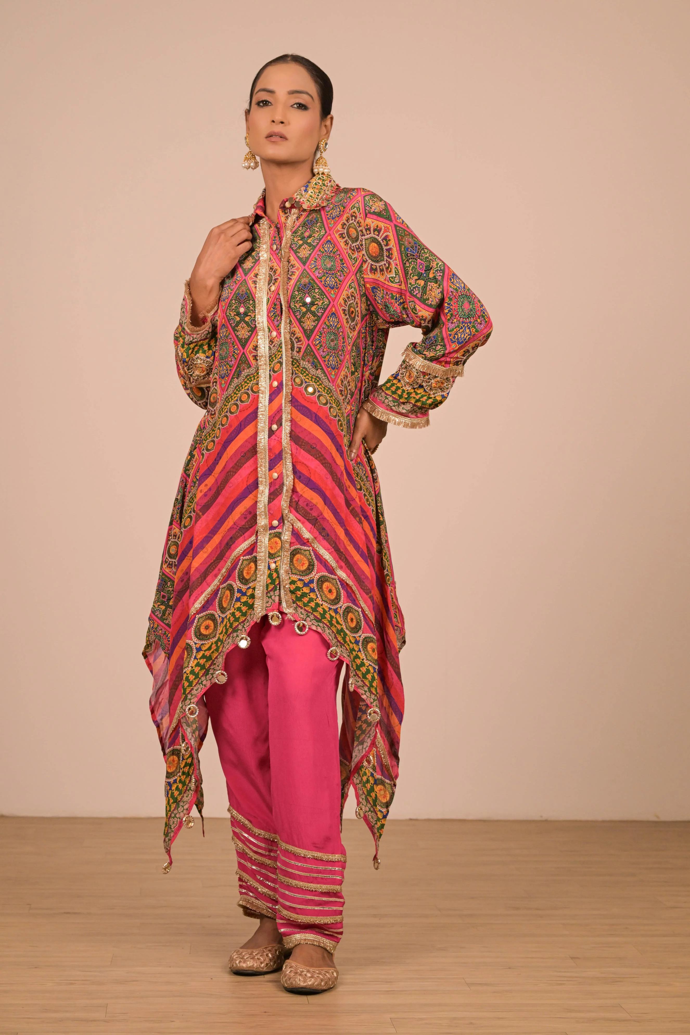 Asymmetrical Printed Kurta Set in Jewel Tones - Image 3