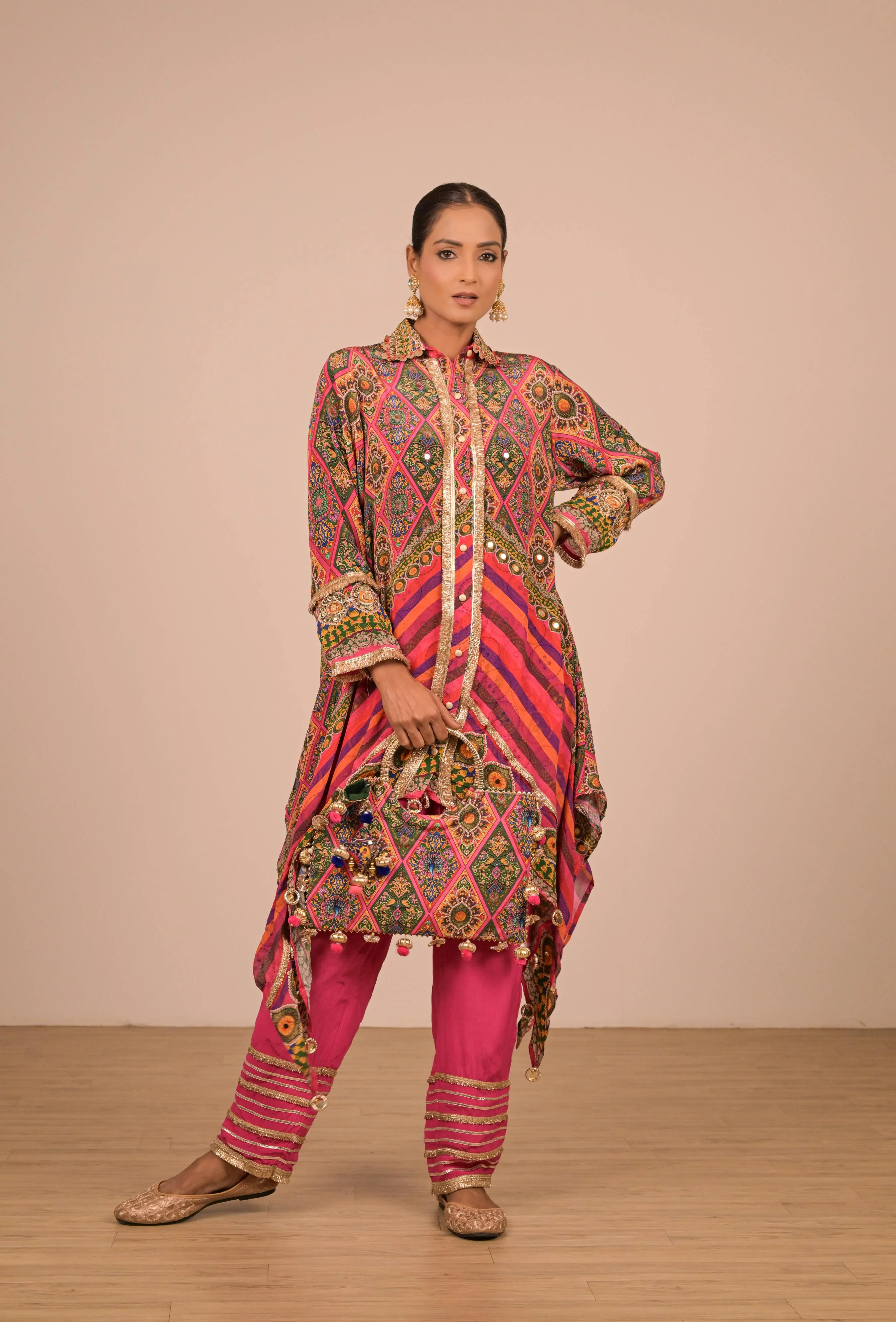 Asymmetrical Printed Kurta Set in Jewel Tones - Image 4