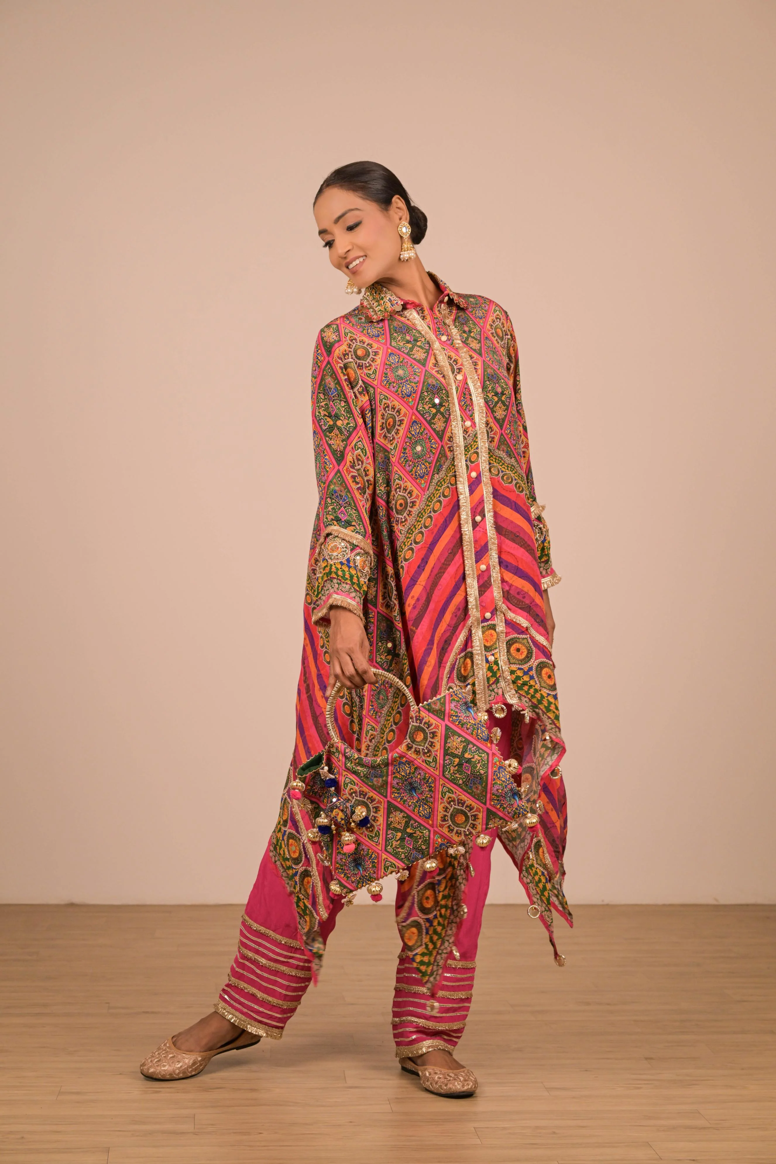 Asymmetrical Printed Kurta Set in Jewel Tones - Image 5