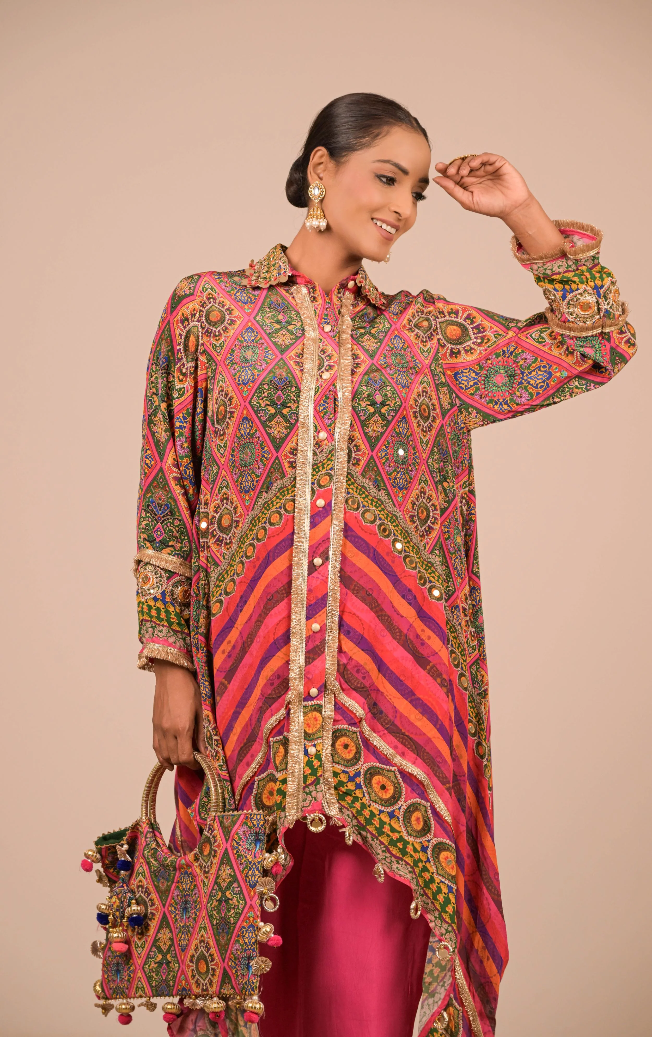 Asymmetrical Printed Kurta Set in Jewel Tones - Image 6