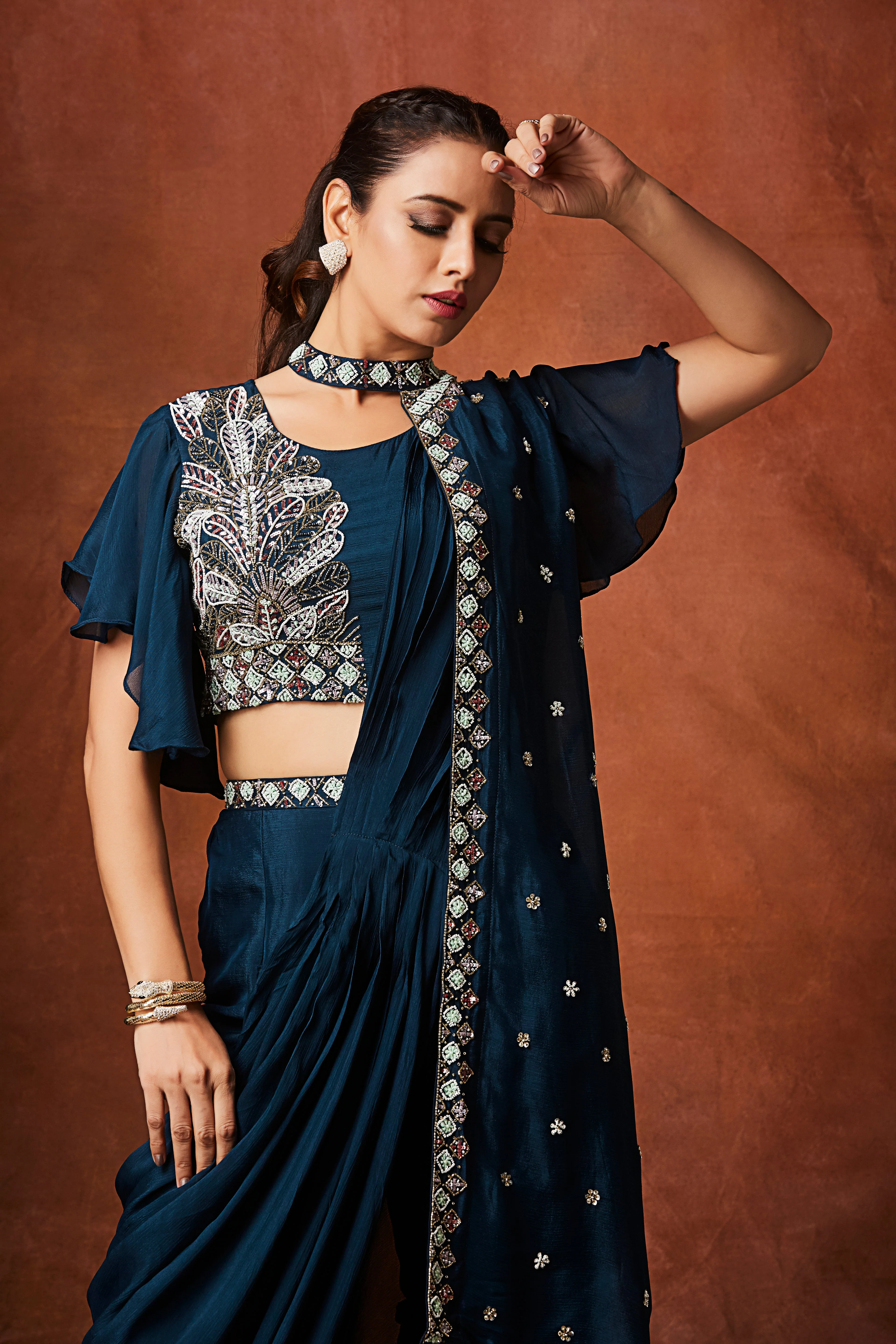 Dark Teal Embellished Chinon Silk Palazzo Set - Image 2