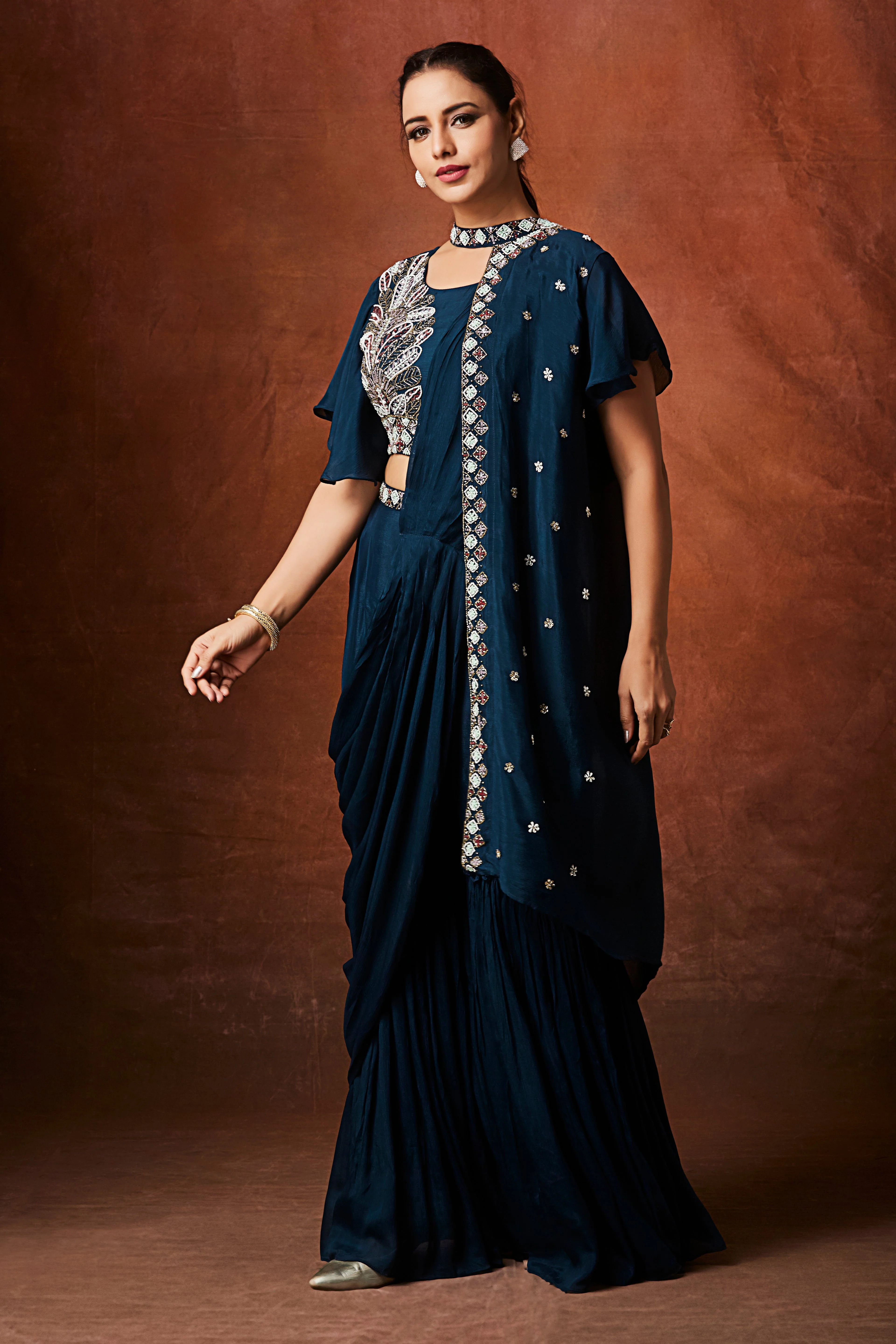 Dark Teal Embellished Chinon Silk Palazzo Set - Image 3