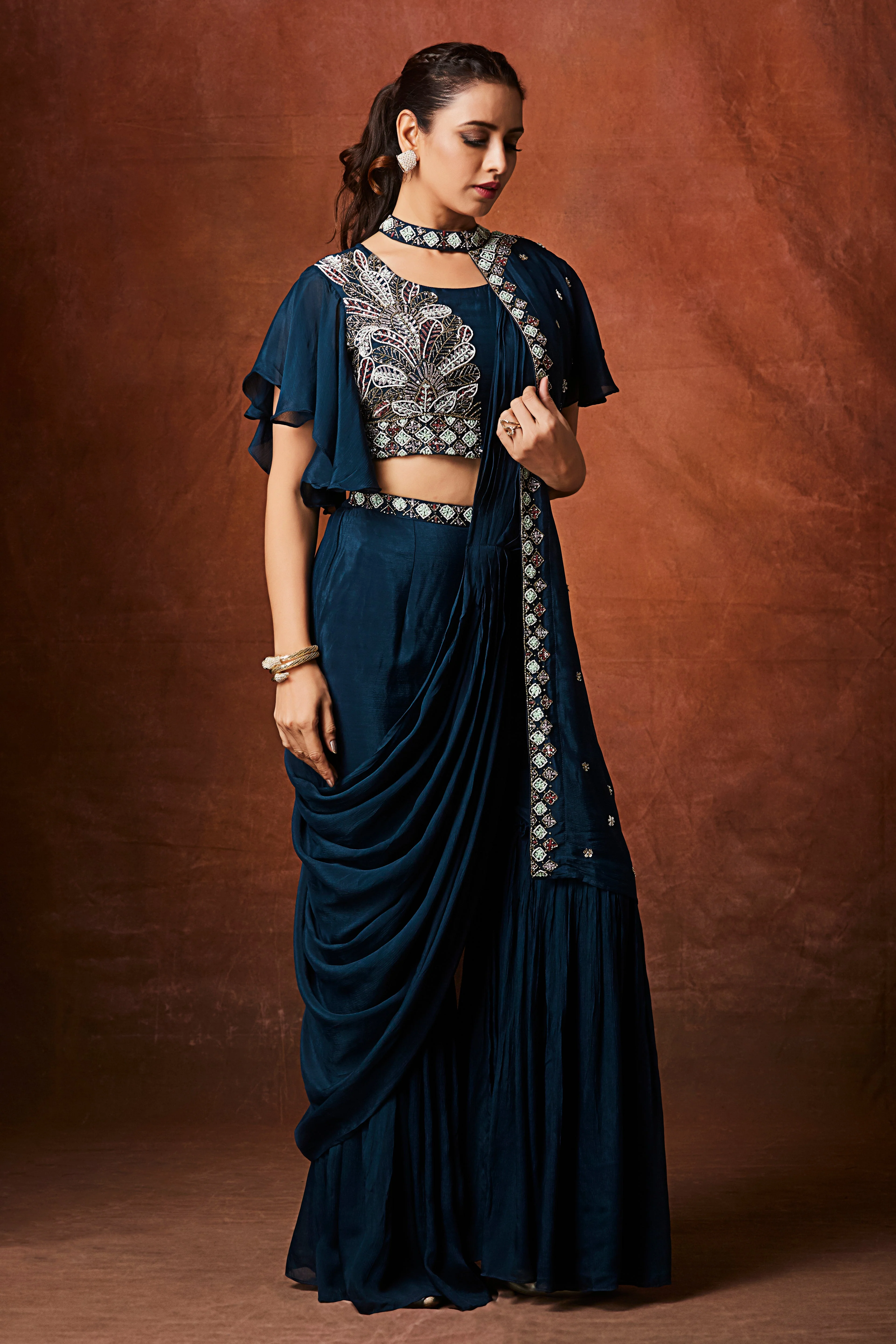 Dark Teal Embellished Chinon Silk Palazzo Set - Image 4