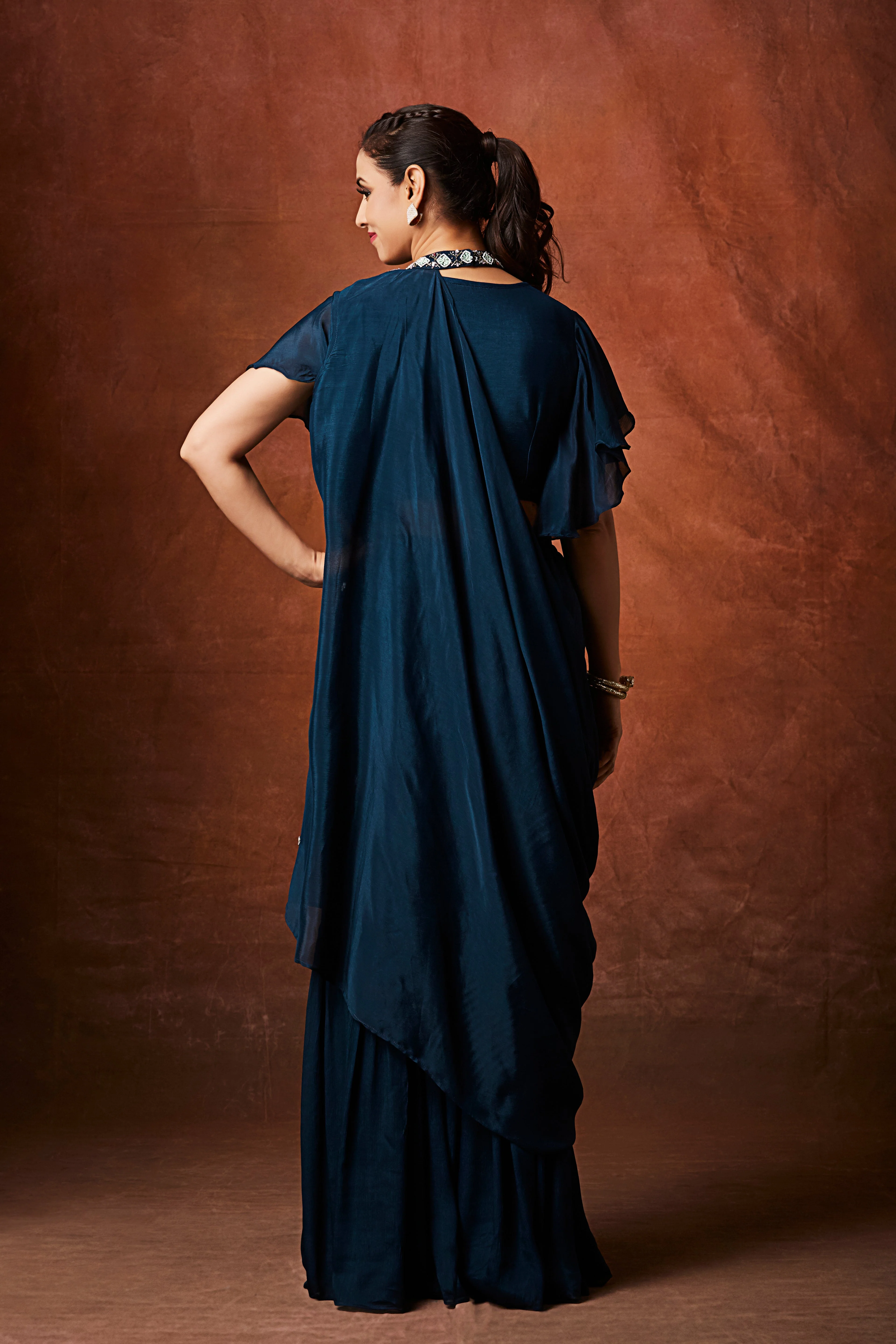 Dark Teal Embellished Chinon Silk Palazzo Set - Image 5