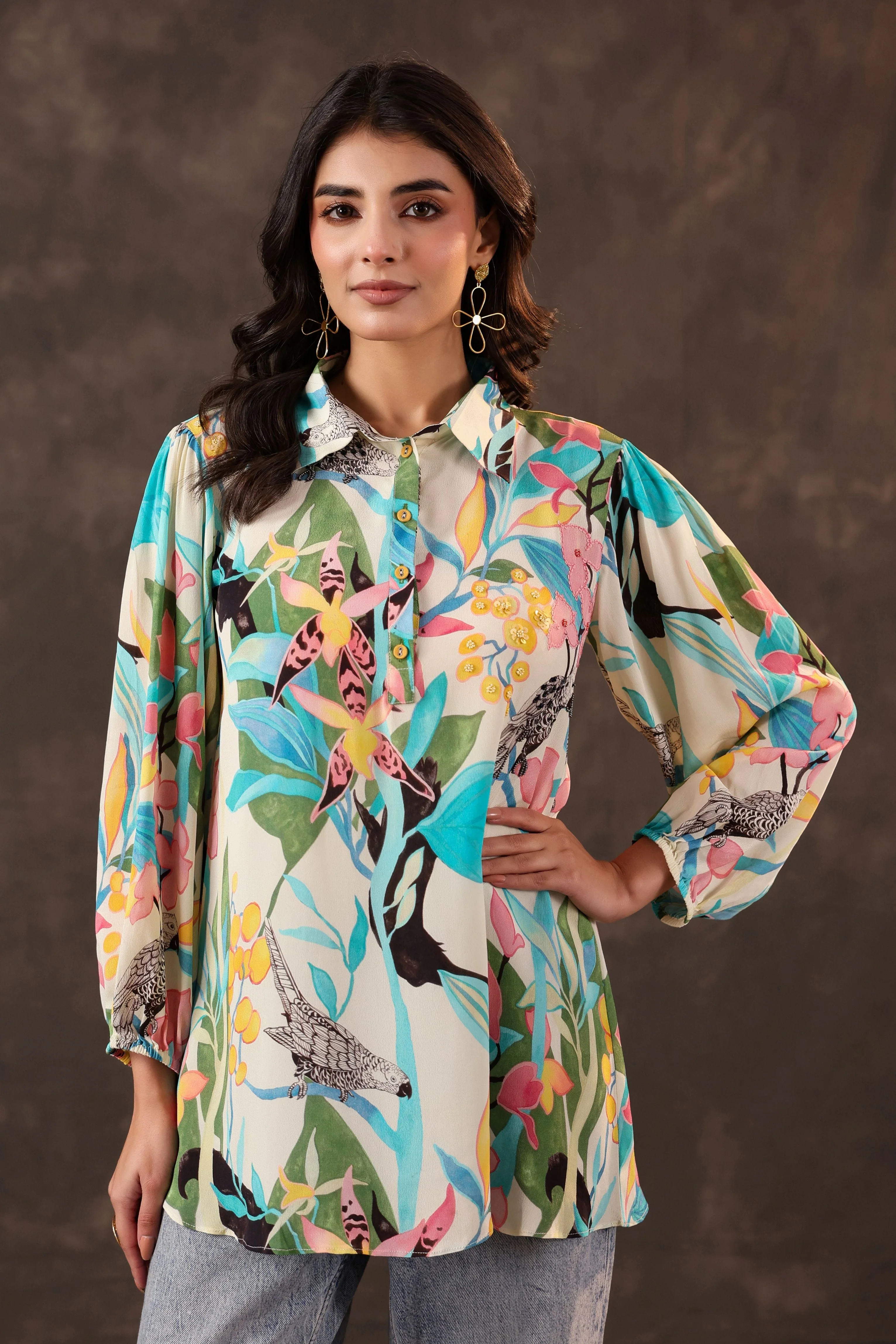 Azure Paradise Printed Crepe Silk Top - Image 3