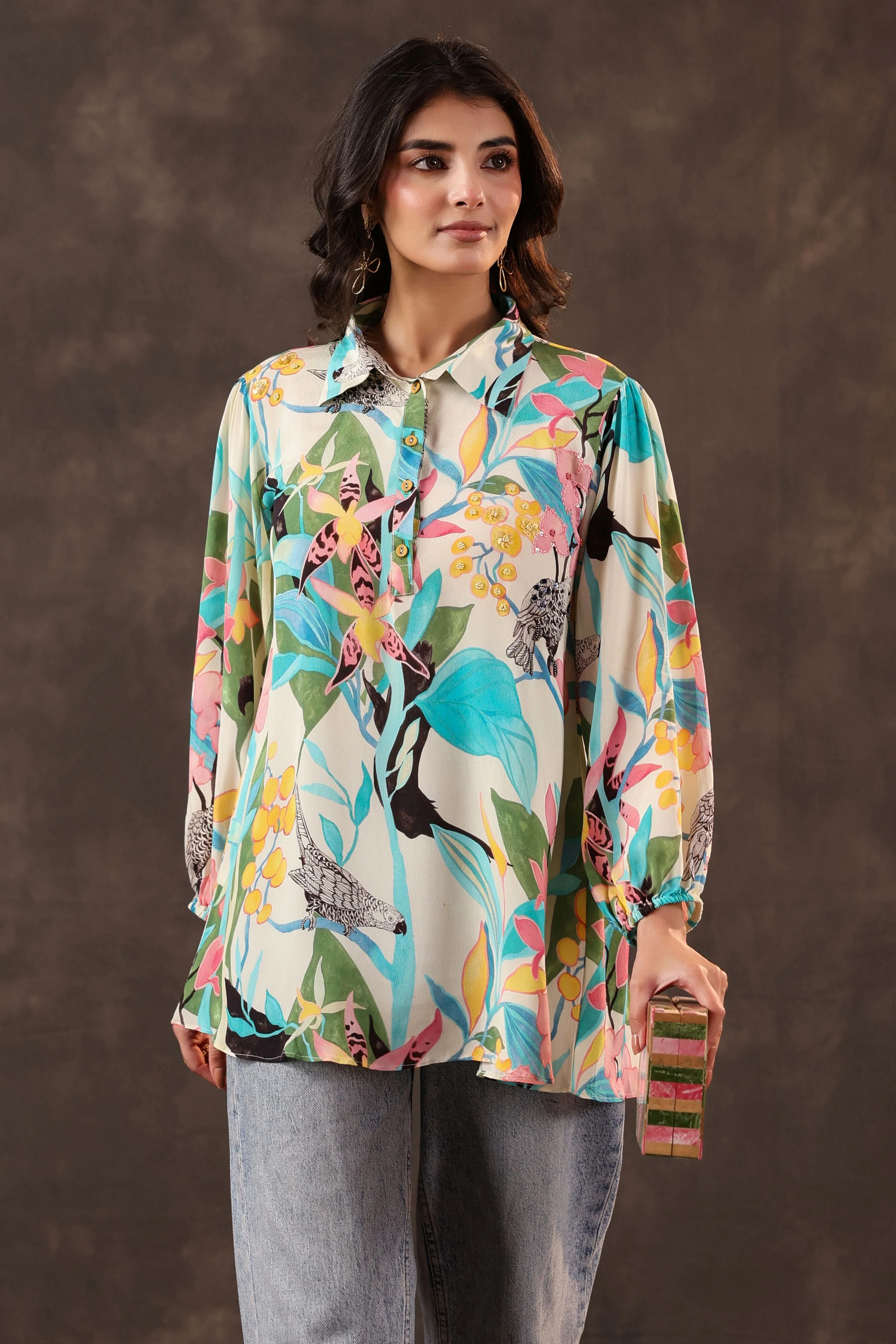 Azure Paradise Printed Crepe Silk Top - Image 4