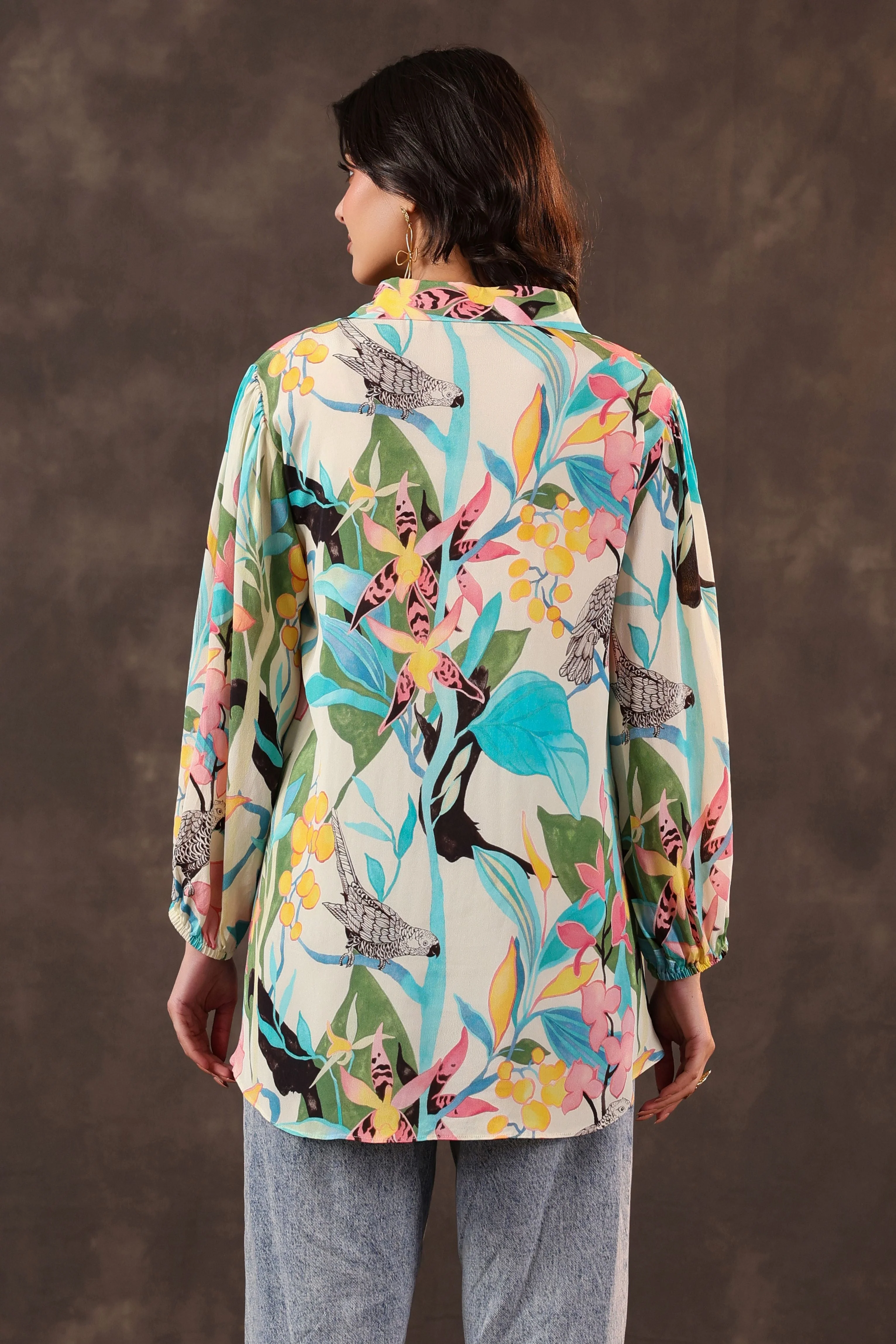Azure Paradise Printed Crepe Silk Top - Image 5