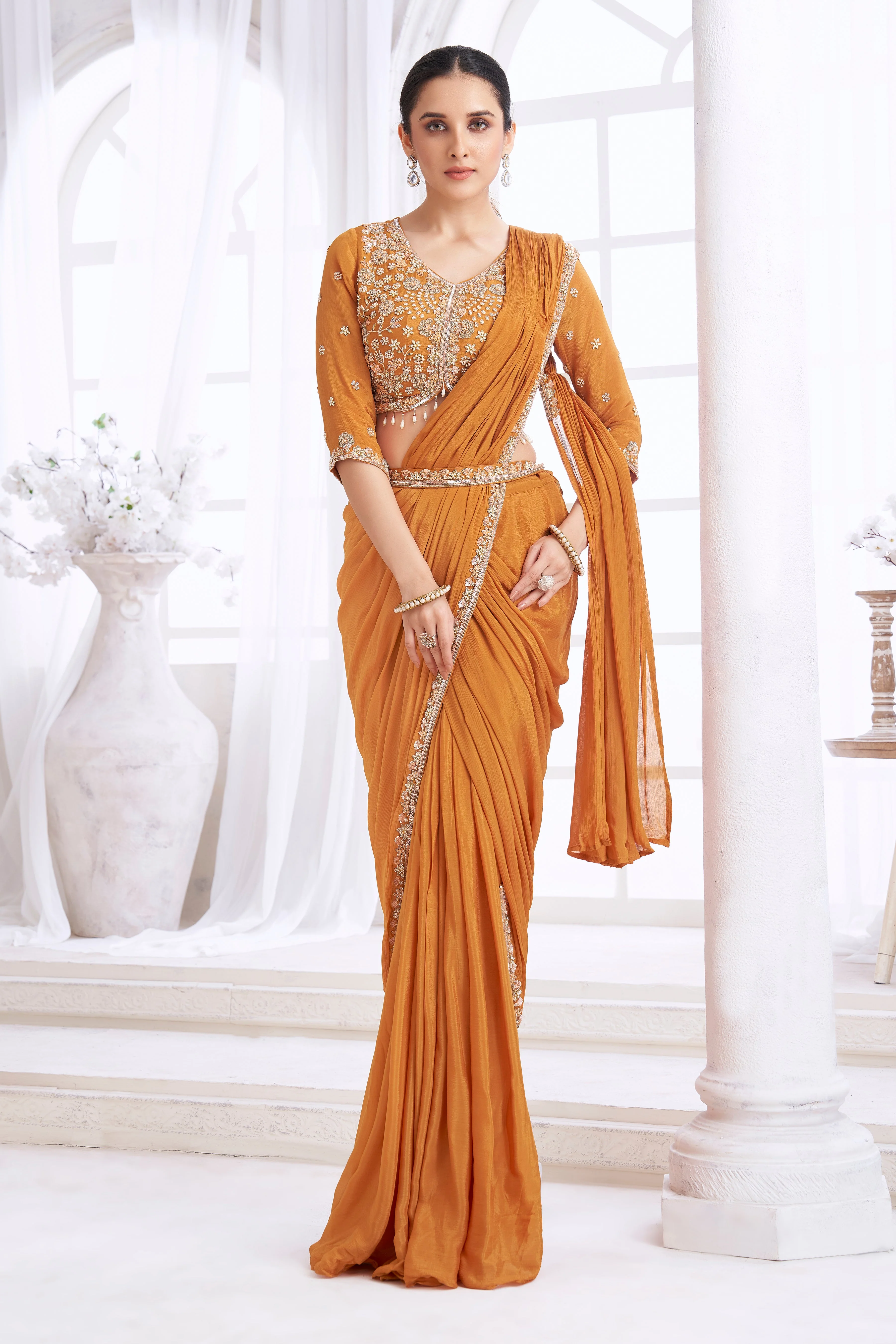 Deep Turmeric Embellished Crepe Silk Drape Saree - Image 3