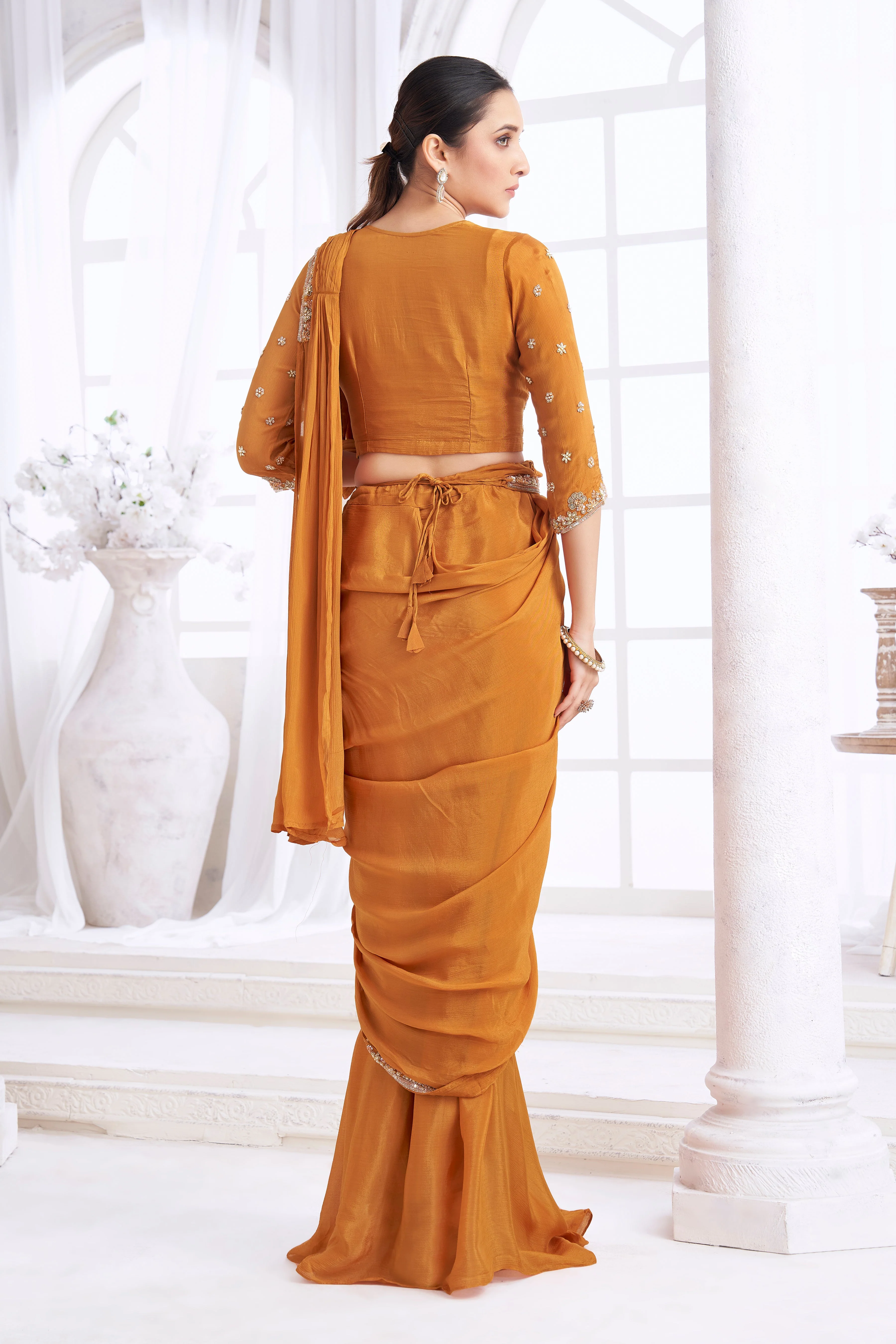 Deep Turmeric Embellished Crepe Silk Drape Saree - Image 4