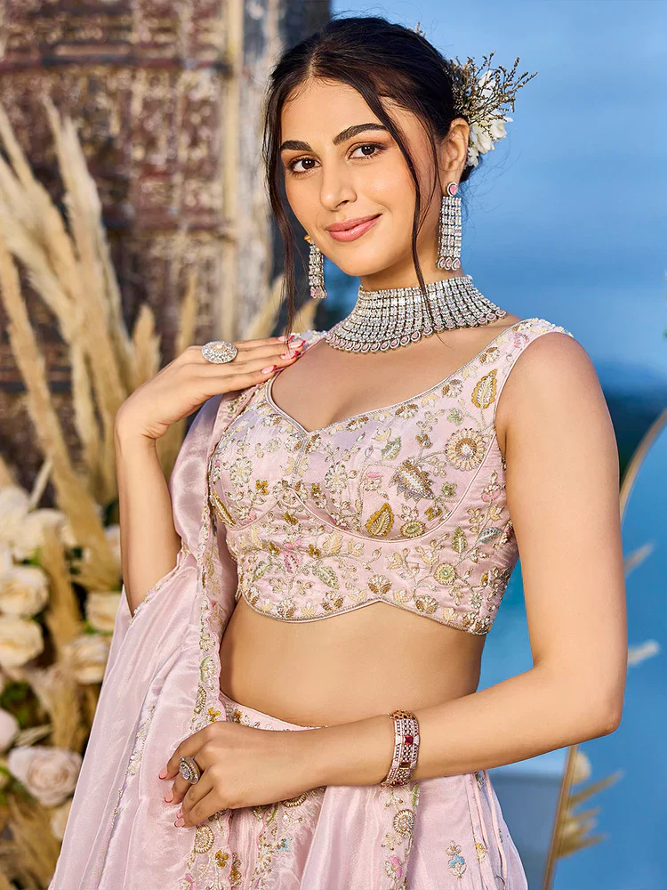 Baby Pink Embellished Tissue Silk Lehenga Set - Image 2