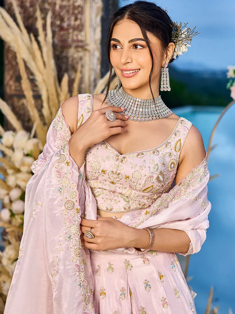 Baby Pink Embellished Tissue Silk Lehenga Set - Image 3