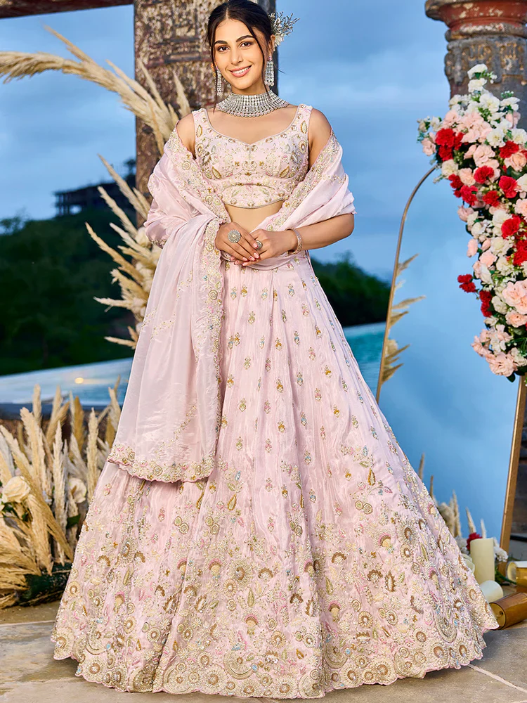 Baby Pink Embellished Tissue Silk Lehenga Set - Image 4