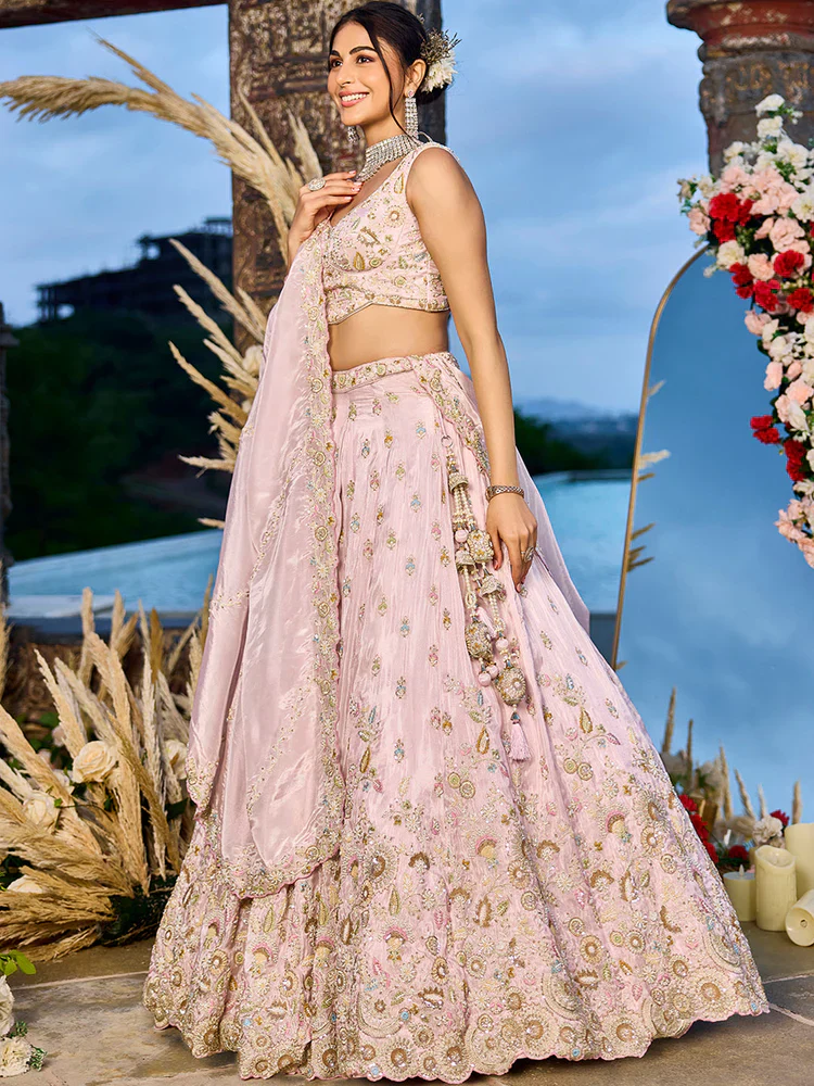 Baby Pink Embellished Tissue Silk Lehenga Set - Image 5