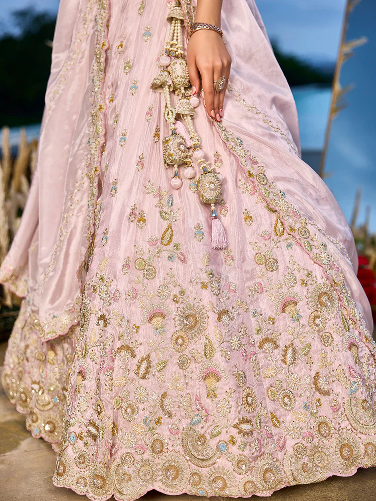 Baby Pink Embellished Tissue Silk Lehenga Set - Image 6