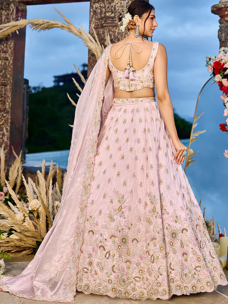 Baby Pink Embellished Tissue Silk Lehenga Set - Image 7