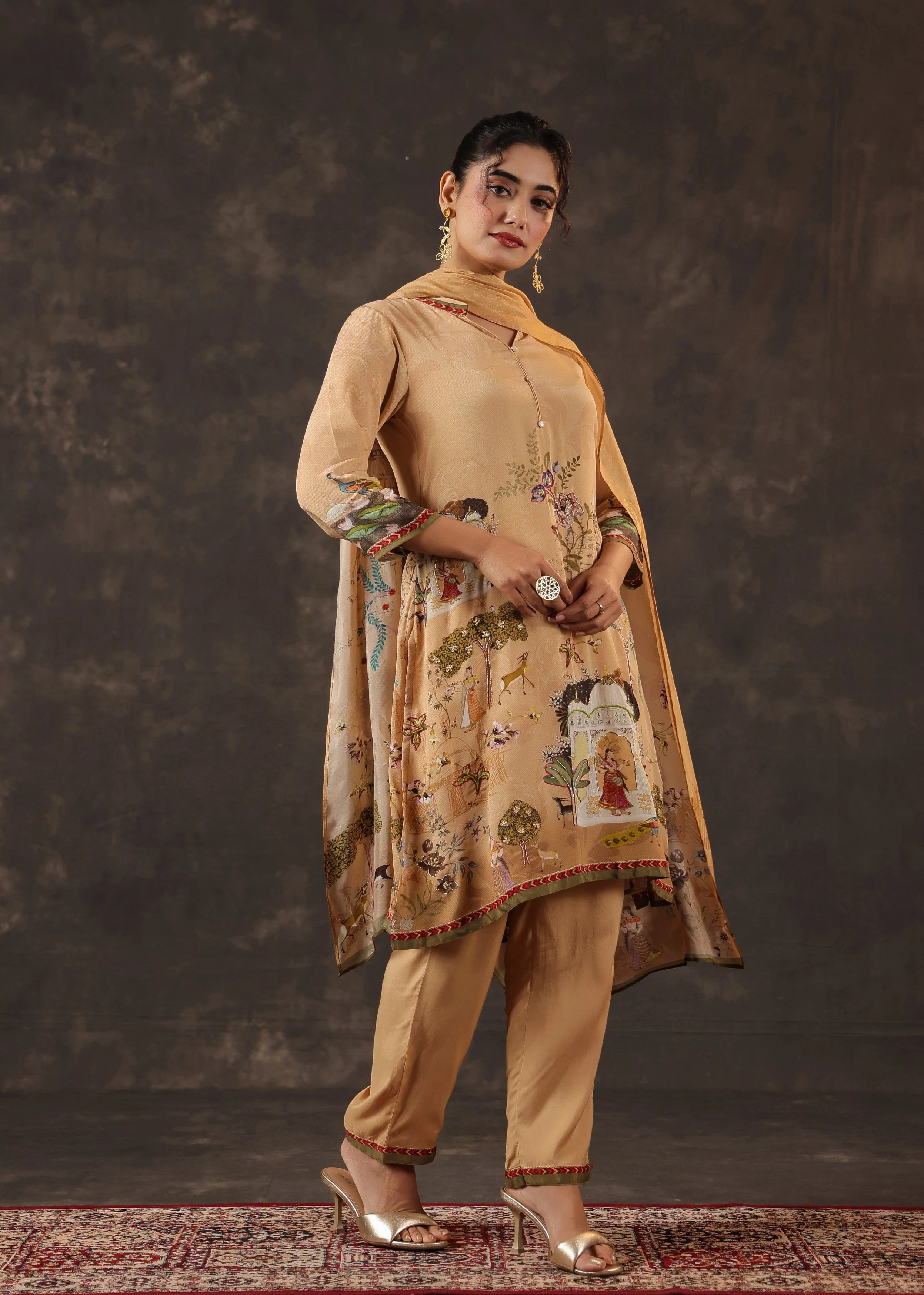 Creamy Oat Printed Crepe Silk Pant Set - Image 2