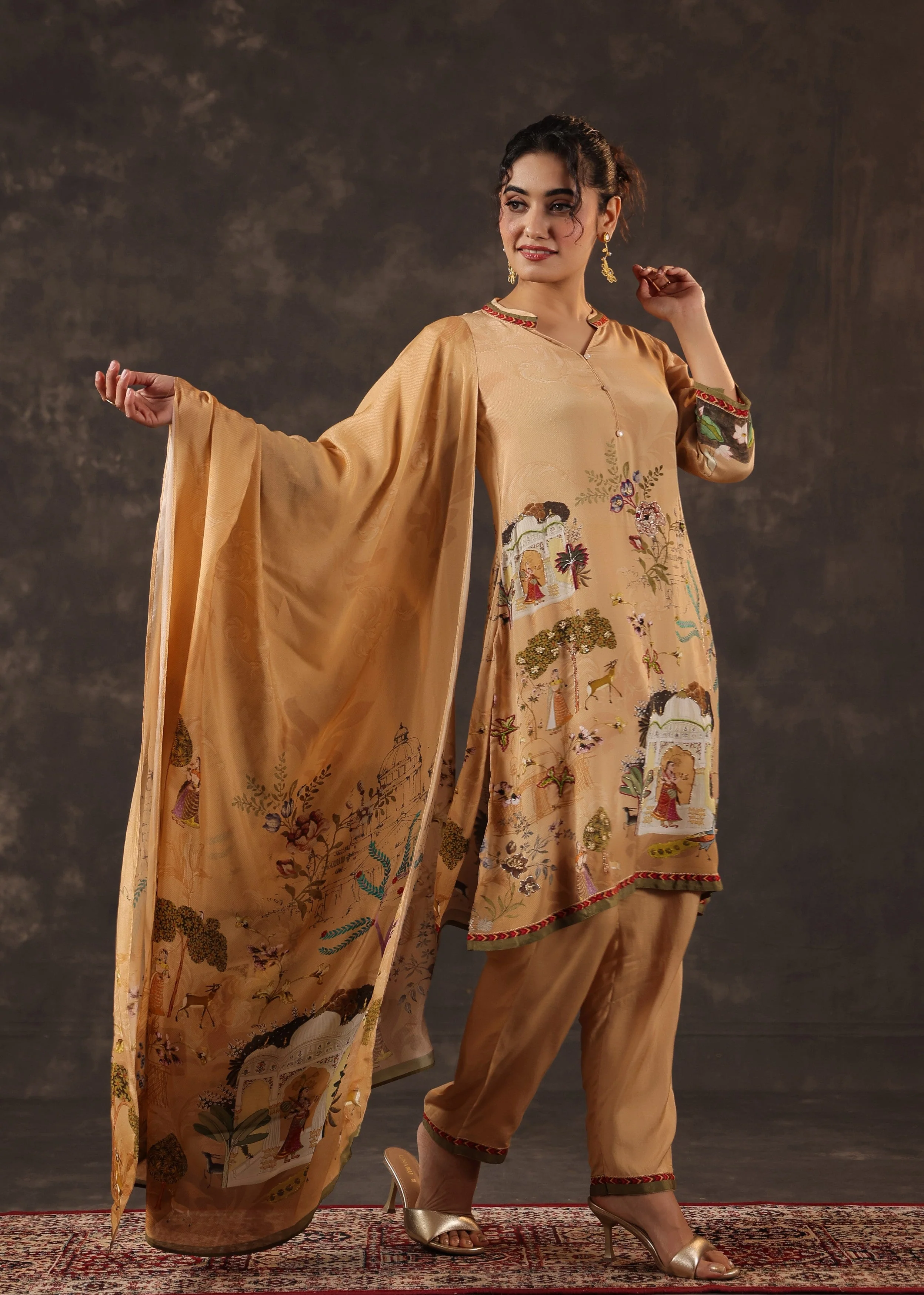 Creamy Oat Printed Crepe Silk Pant Set - Image 3