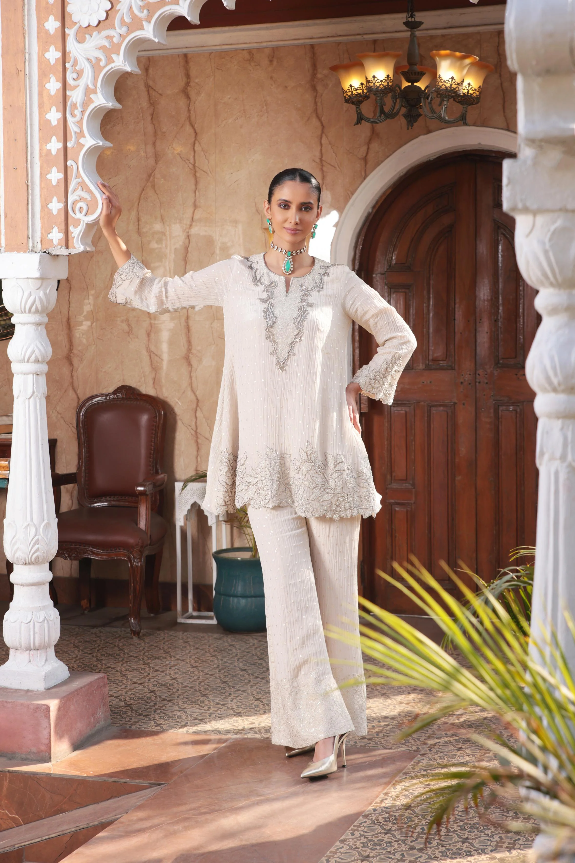 Pearl White Shimmer Tissue Organza Silk Palazzo Set - Image 3