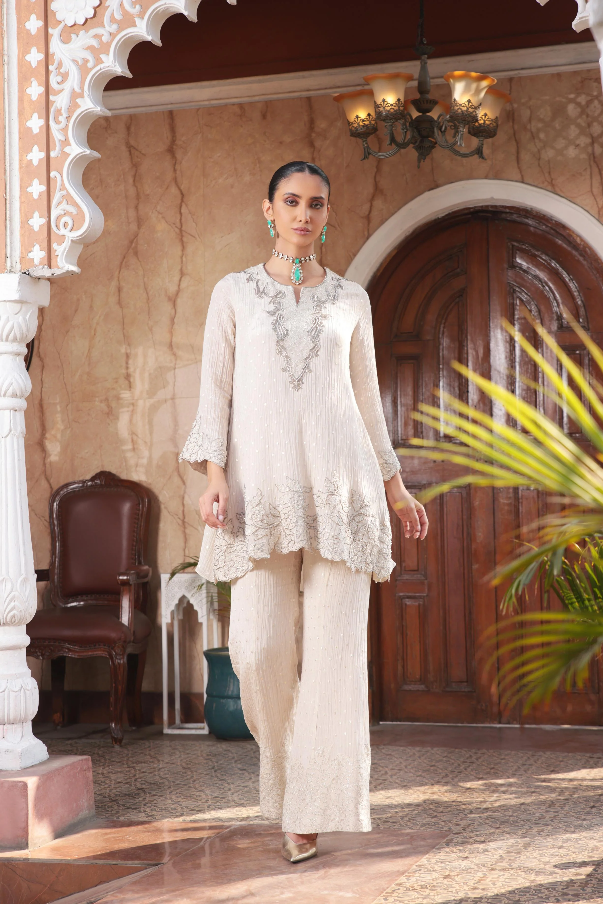 Pearl White Shimmer Tissue Organza Silk Palazzo Set - Image 4