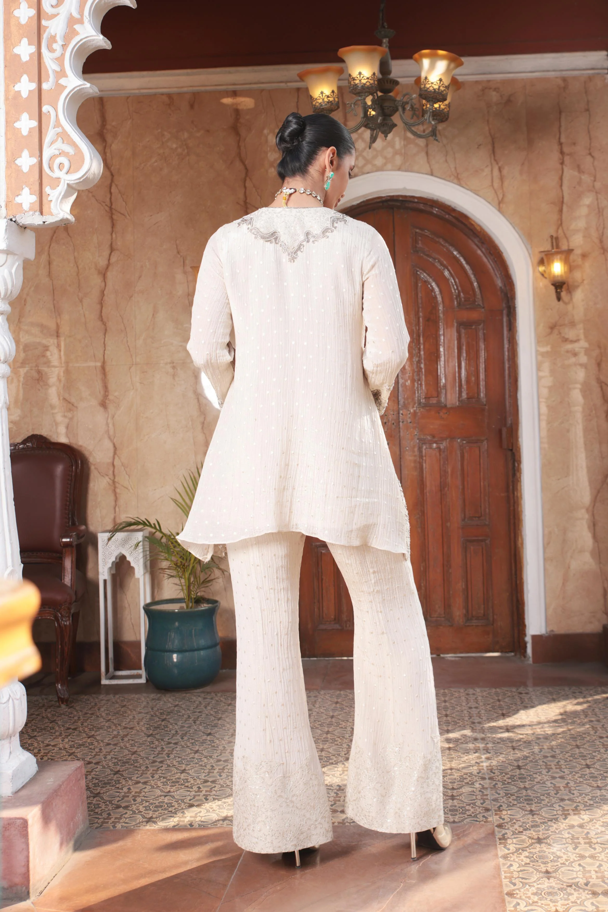 Pearl White Shimmer Tissue Organza Silk Palazzo Set - Image 5