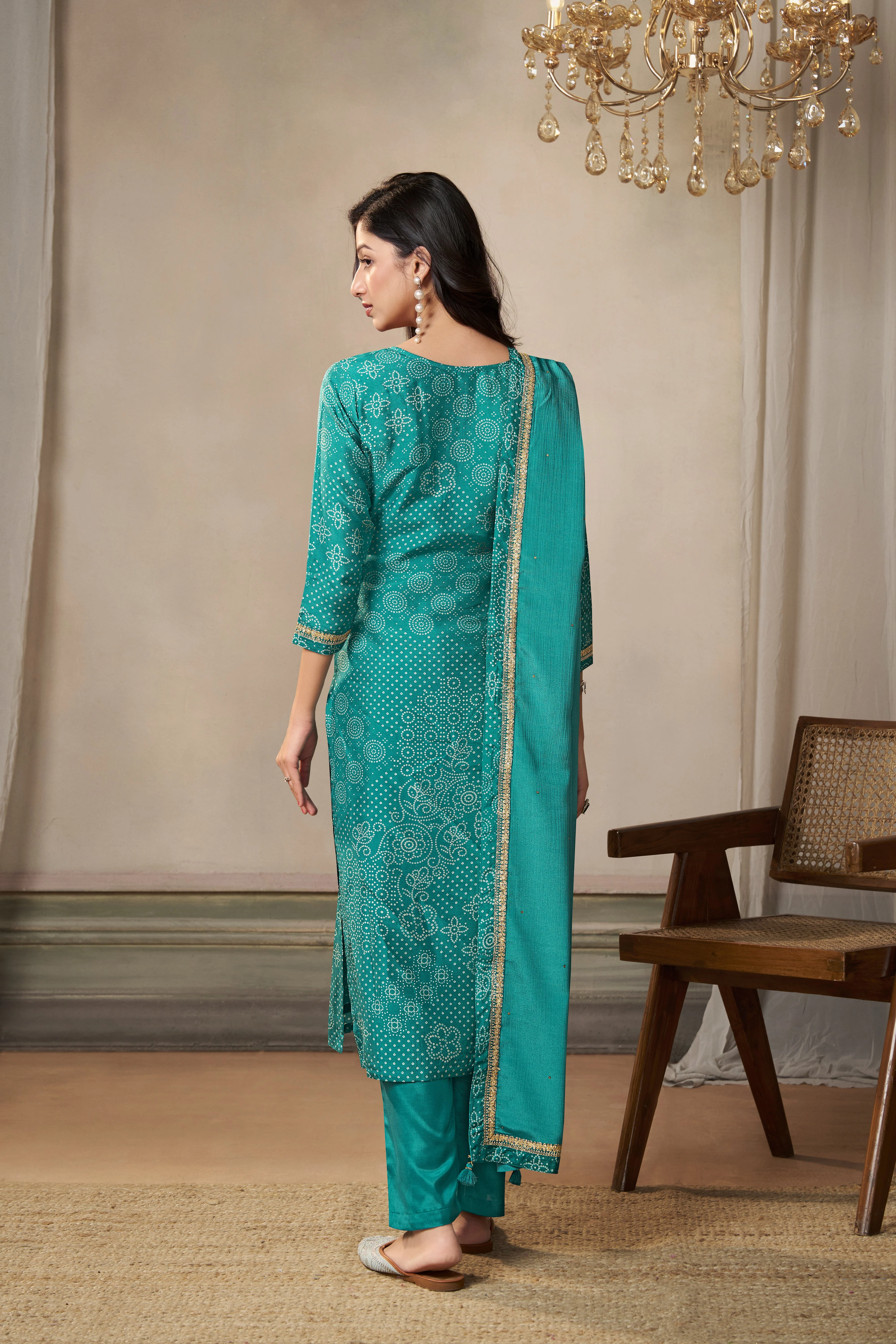 Turquoise Bandhani Printed Kurta & Pant Set - Image 5
