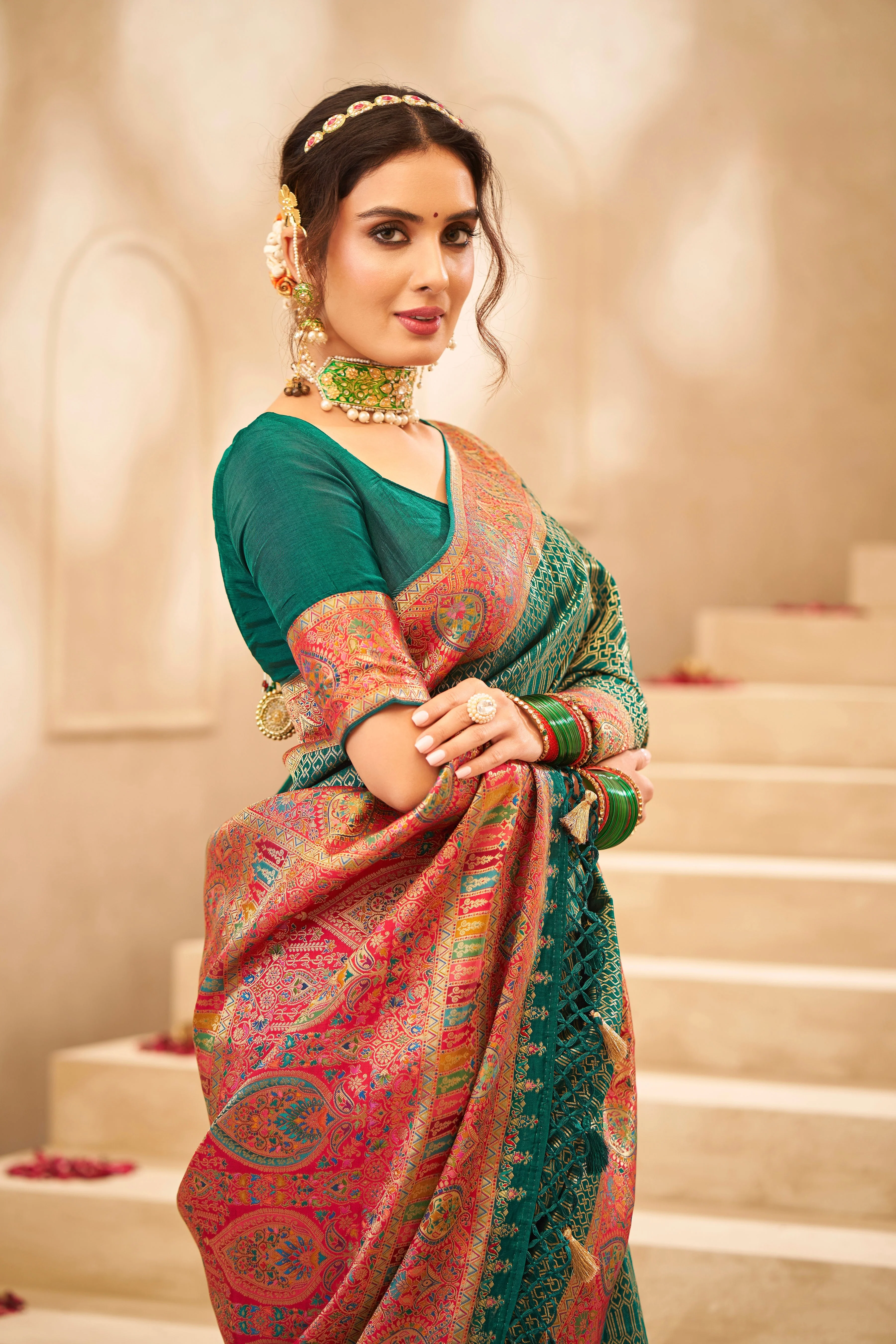 Traditional Border Cut Tussar Rangkaat Silk Saree - Image 2