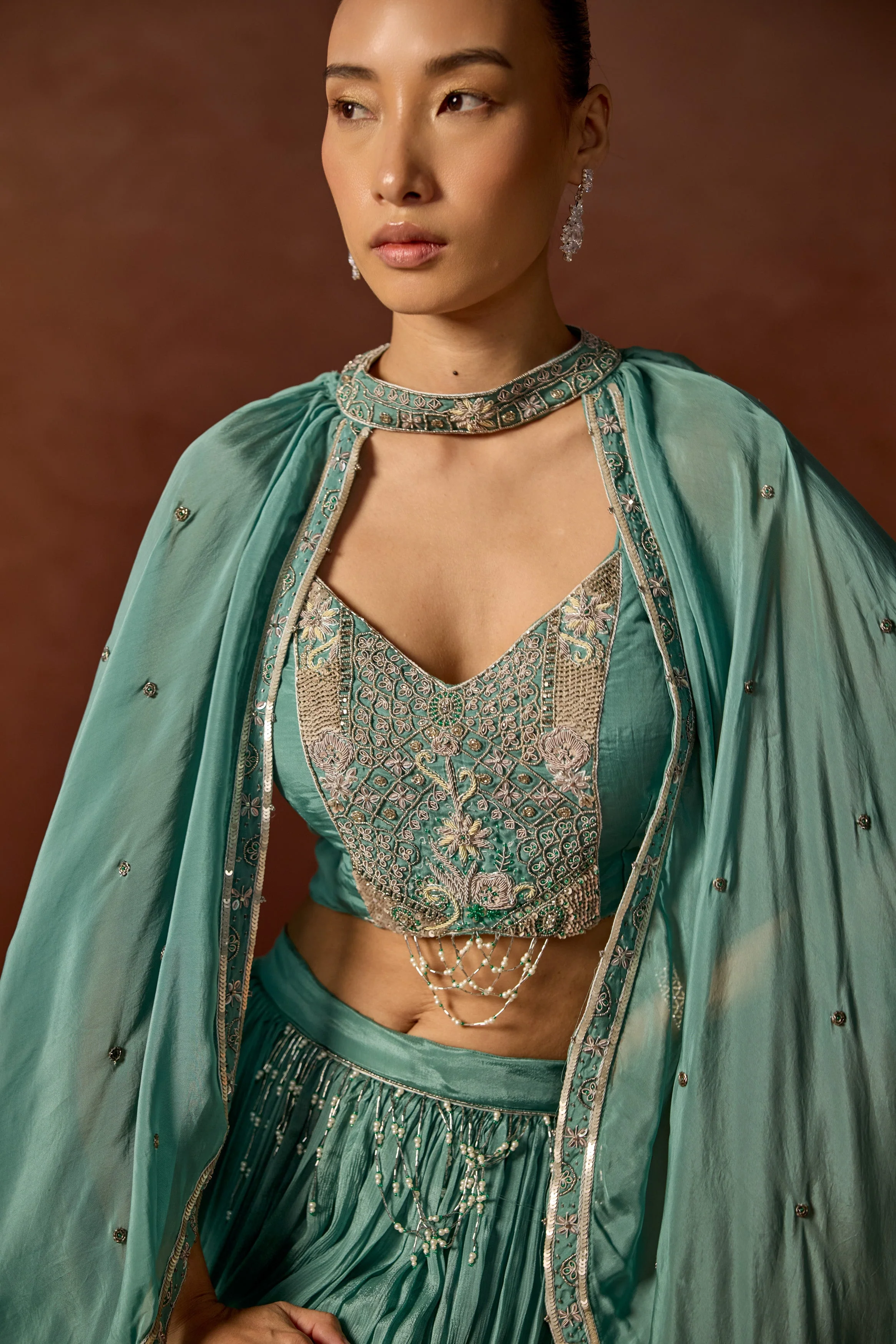 Basil Green Embellished Chinon Silk Cape Set - Image 2