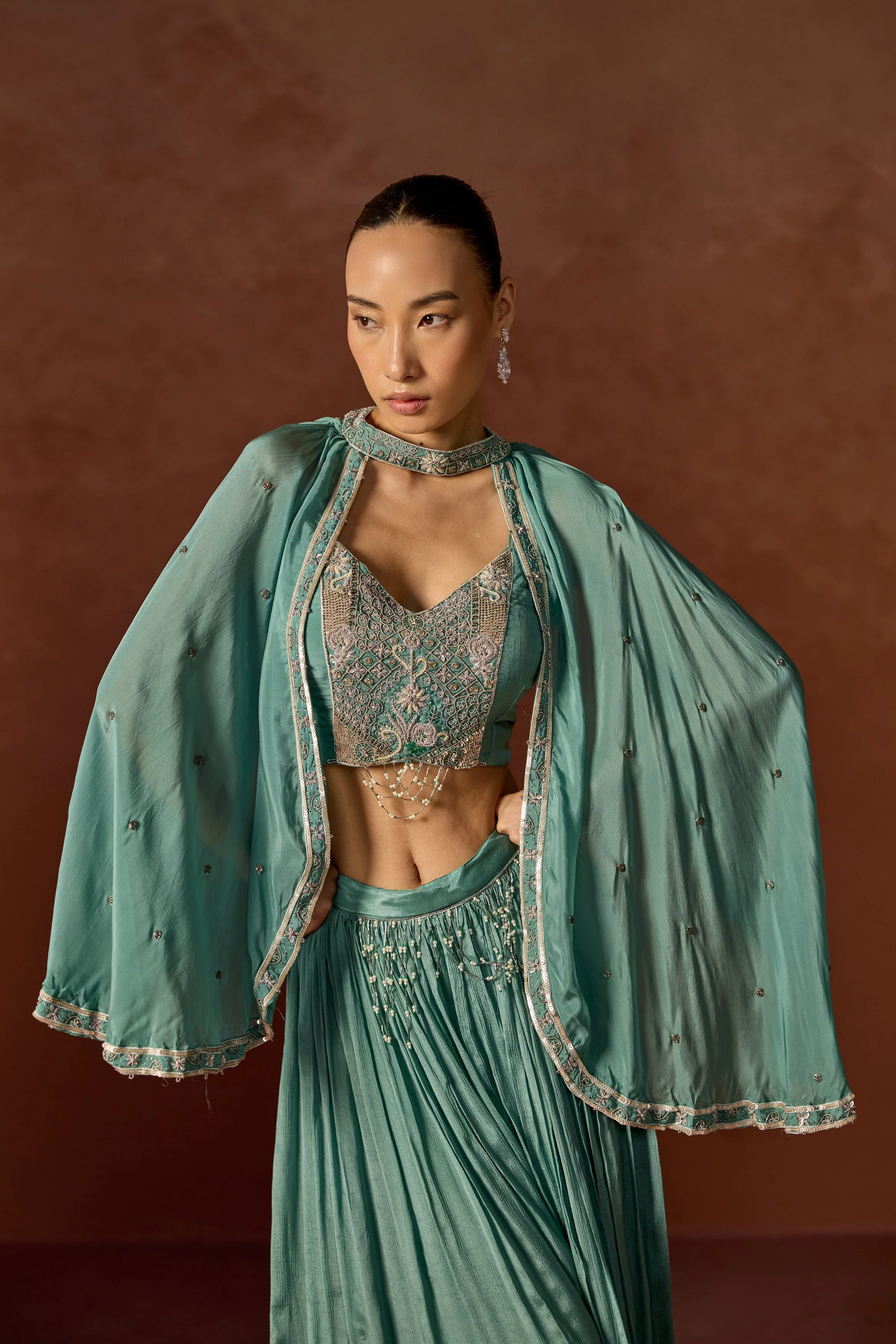 Basil Green Embellished Chinon Silk Cape Set - Image 3