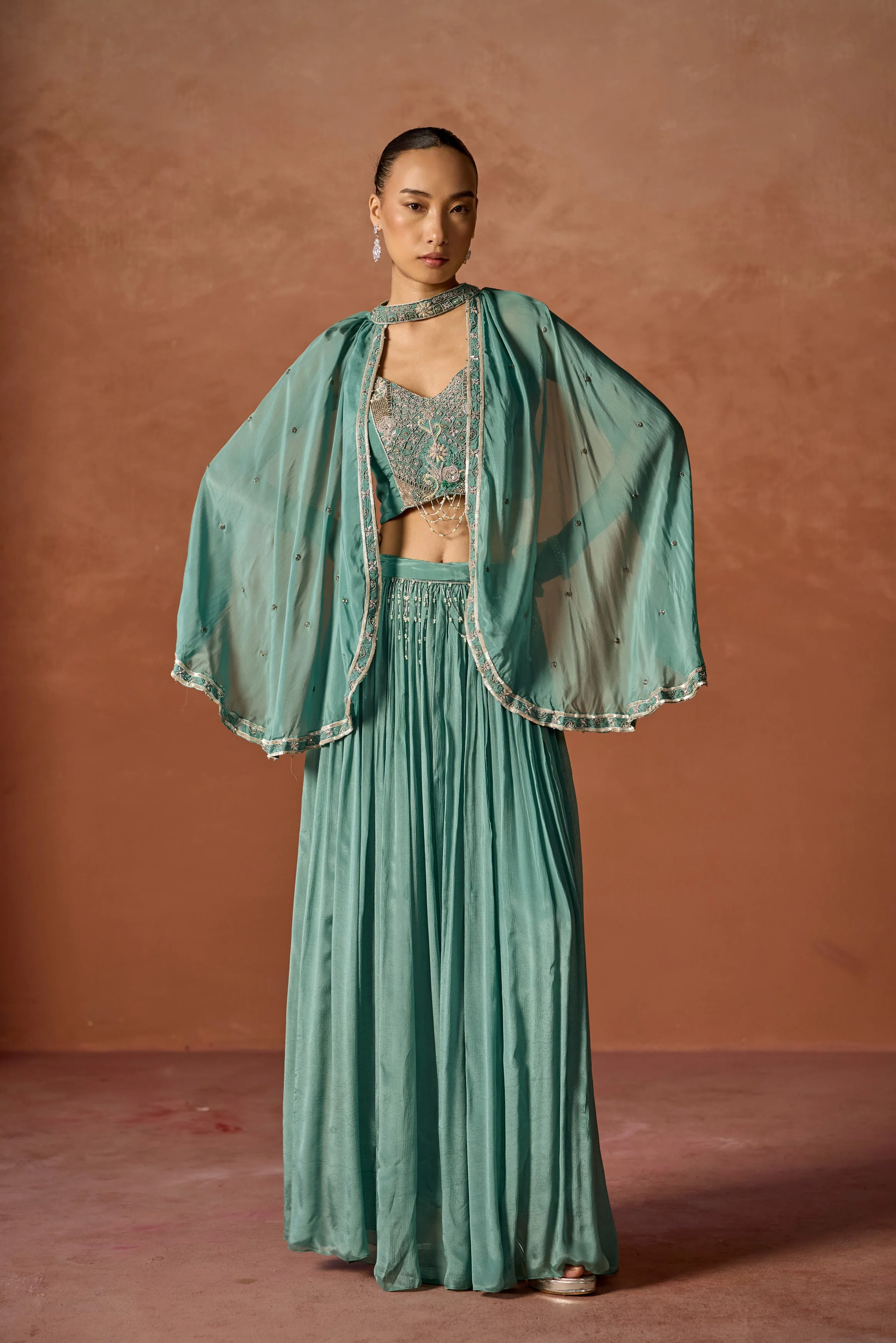 Basil Green Embellished Chinon Silk Cape Set - Image 4