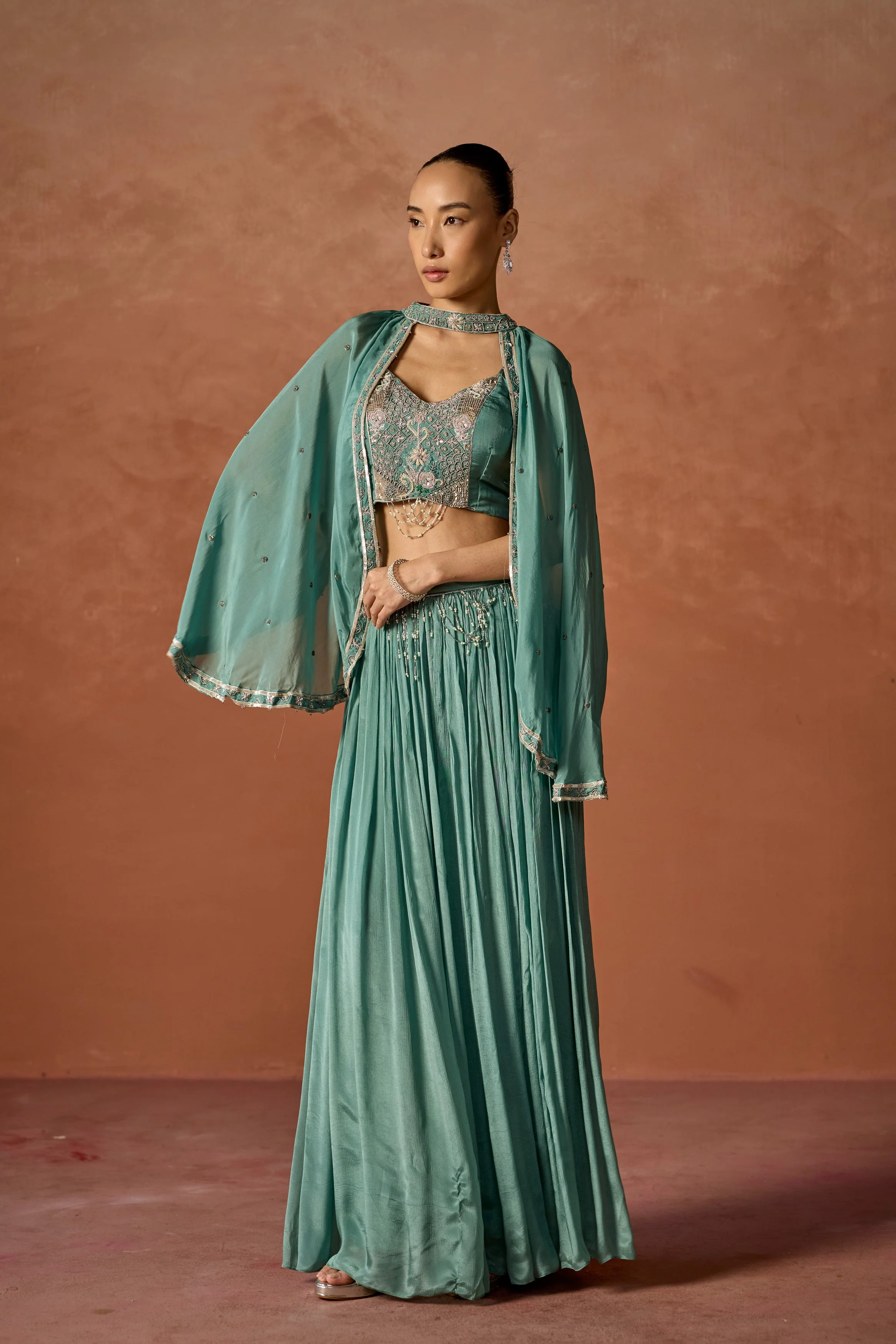 Basil Green Embellished Chinon Silk Cape Set - Image 5