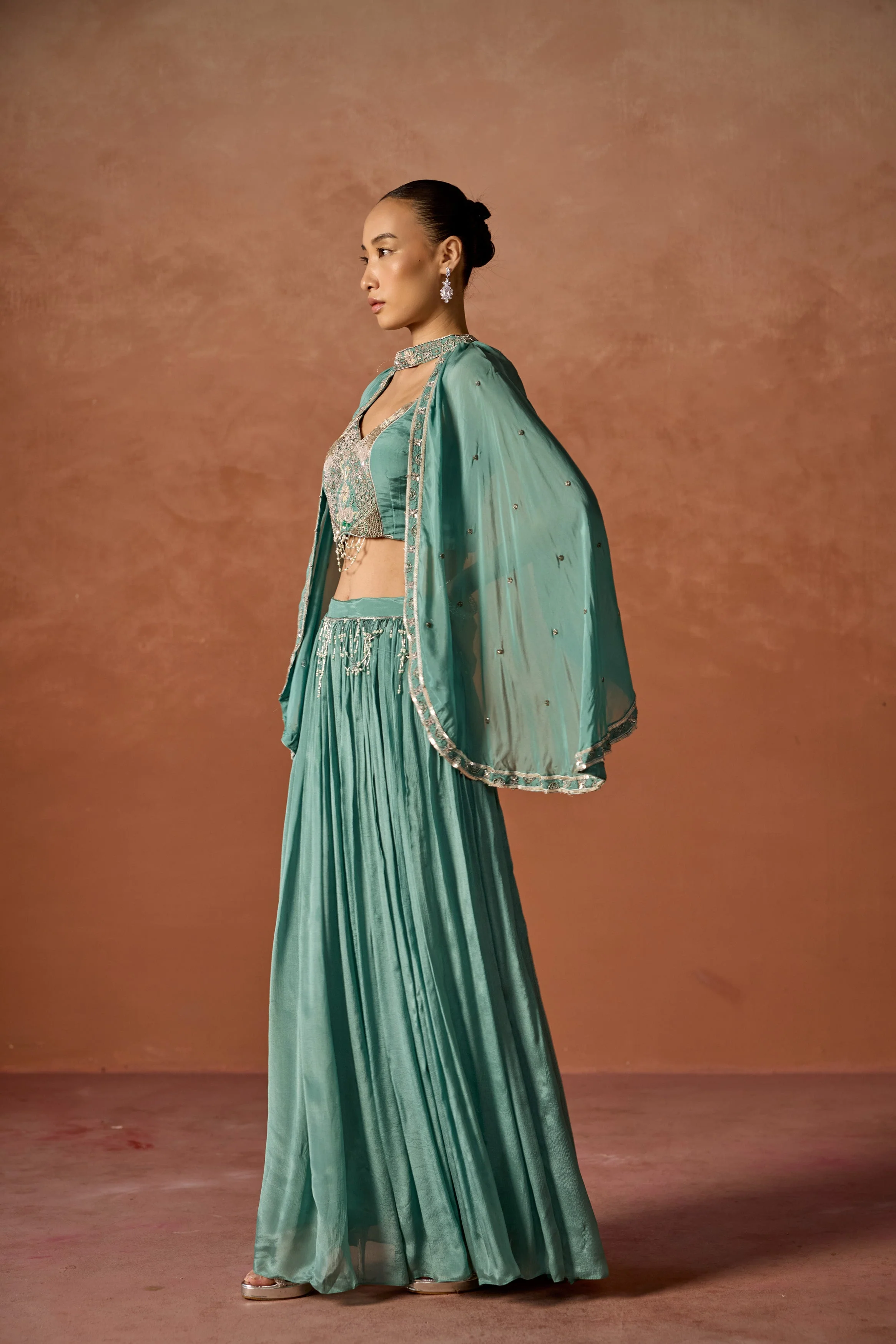Basil Green Embellished Chinon Silk Cape Set - Image 6