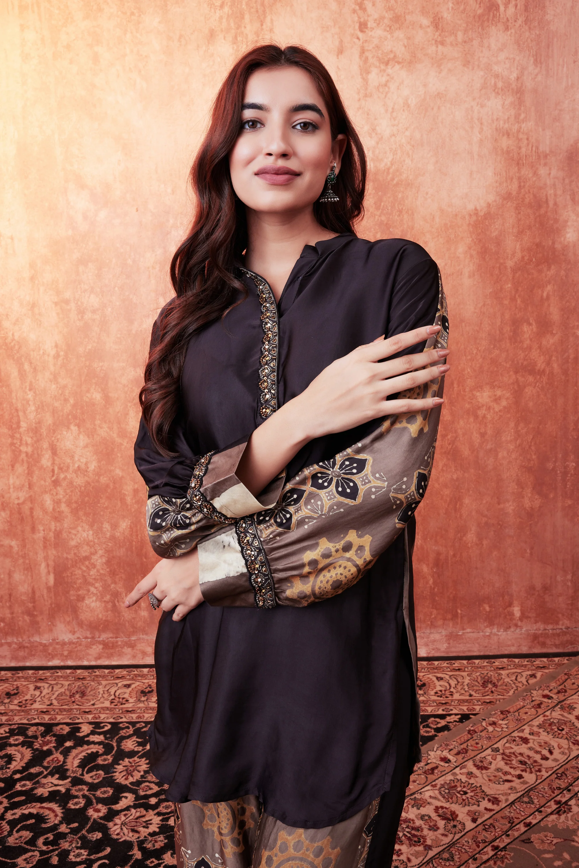 Beige Ajrakh Printed Habutai Silk Co-Ord Set - Image 2