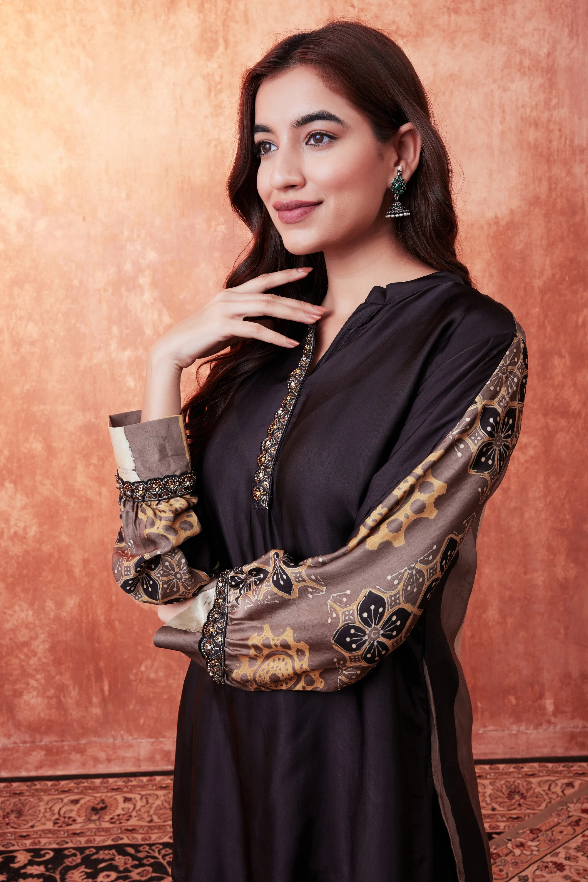 Beige Ajrakh Printed Habutai Silk Co-Ord Set - Image 3