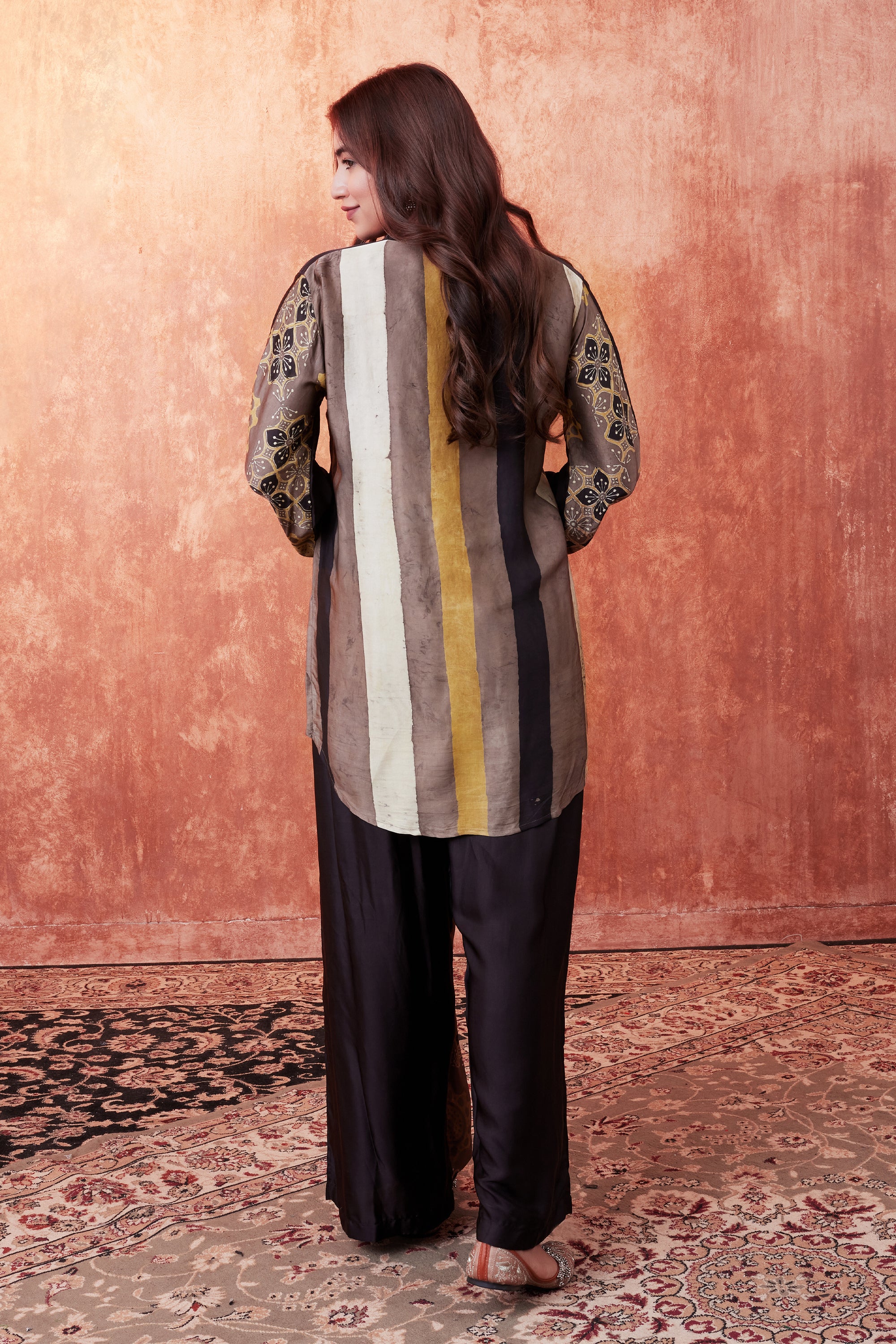 Beige Ajrakh Printed Habutai Silk Co-Ord Set - Image 4