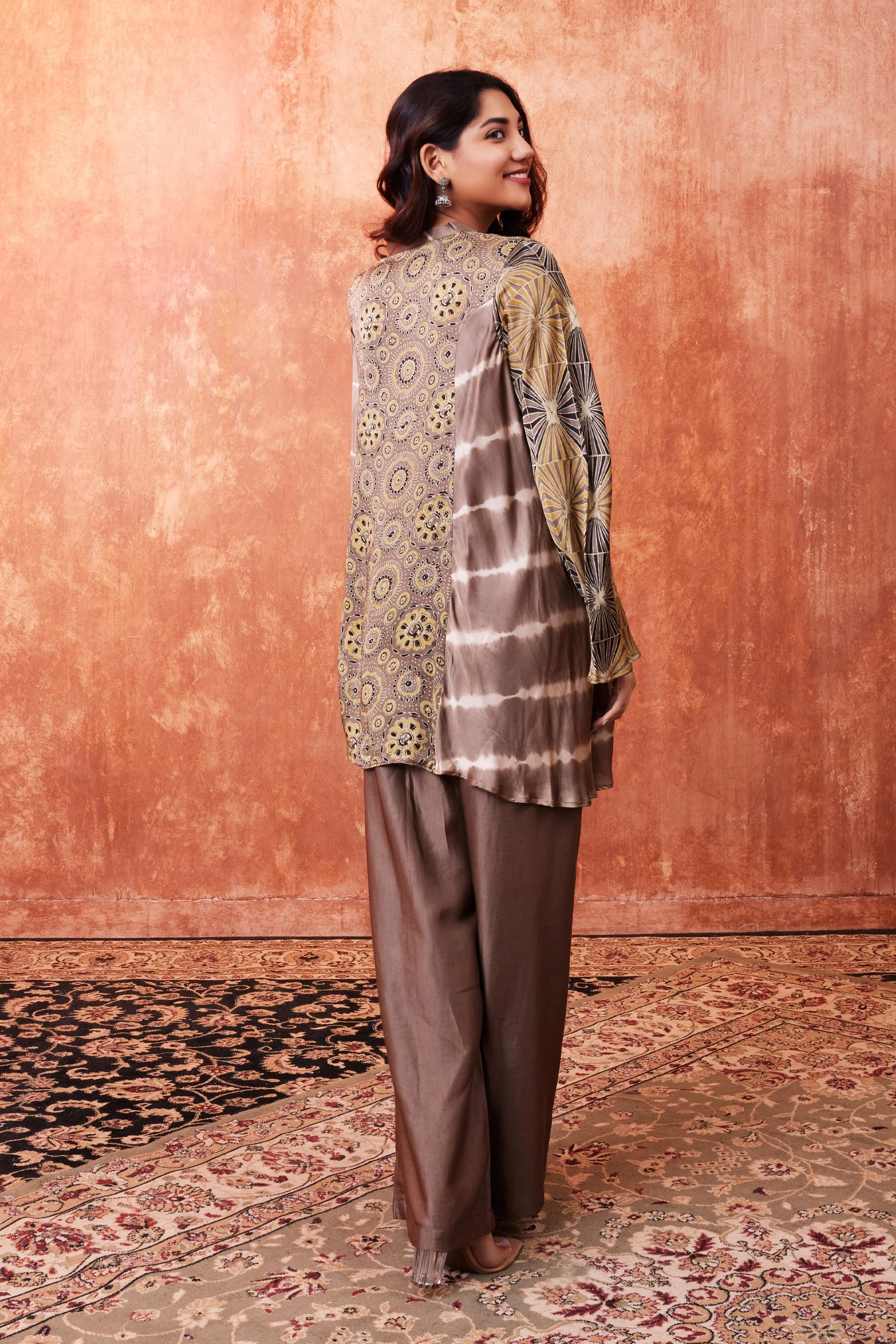 Beige Ajrakh Printed Habutai Silk Kurta Palazzo Set - Image 3