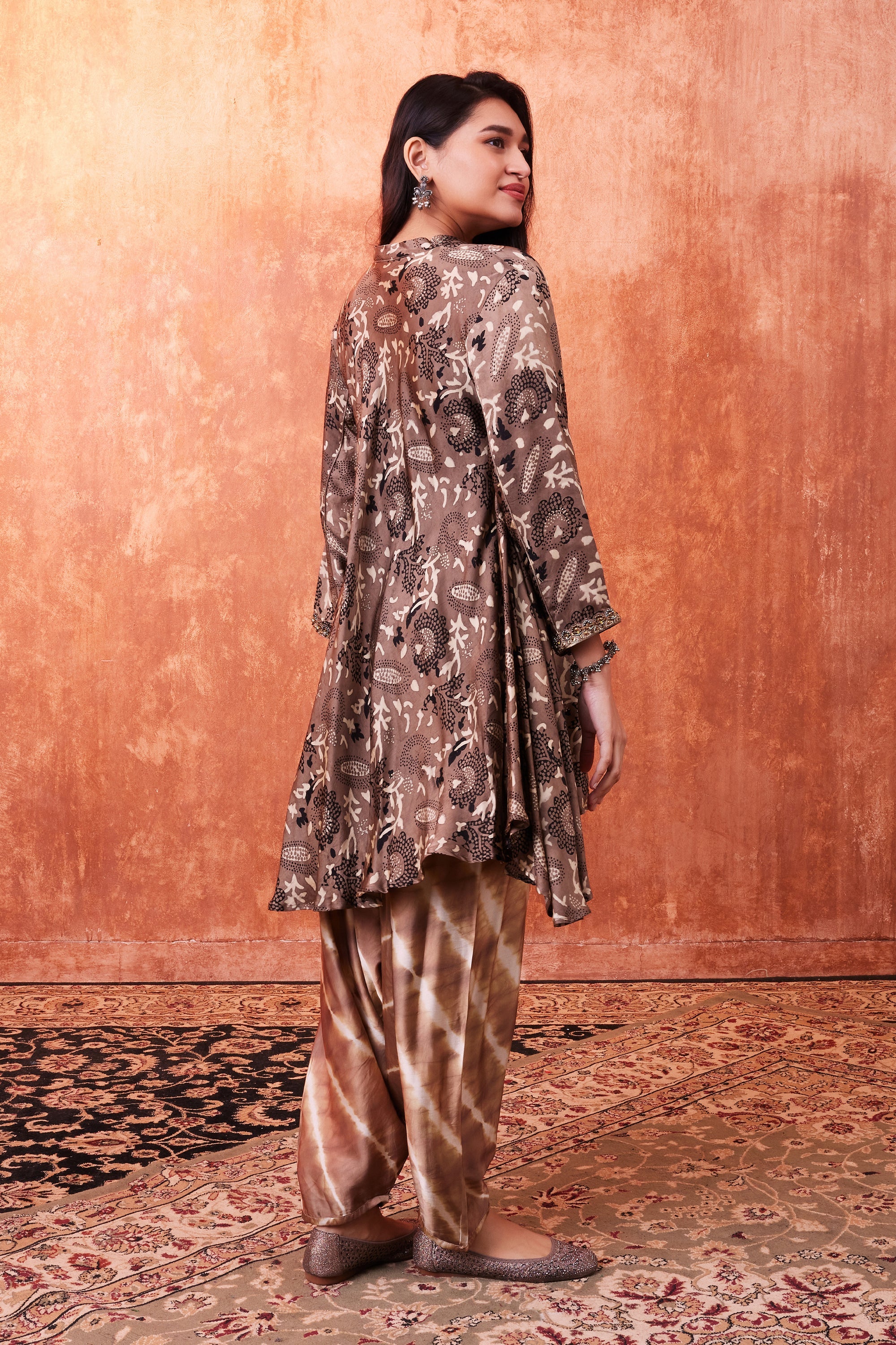 Beige Ajrakh Printed Habutai Silk Kurta Salwar Set - Image 2