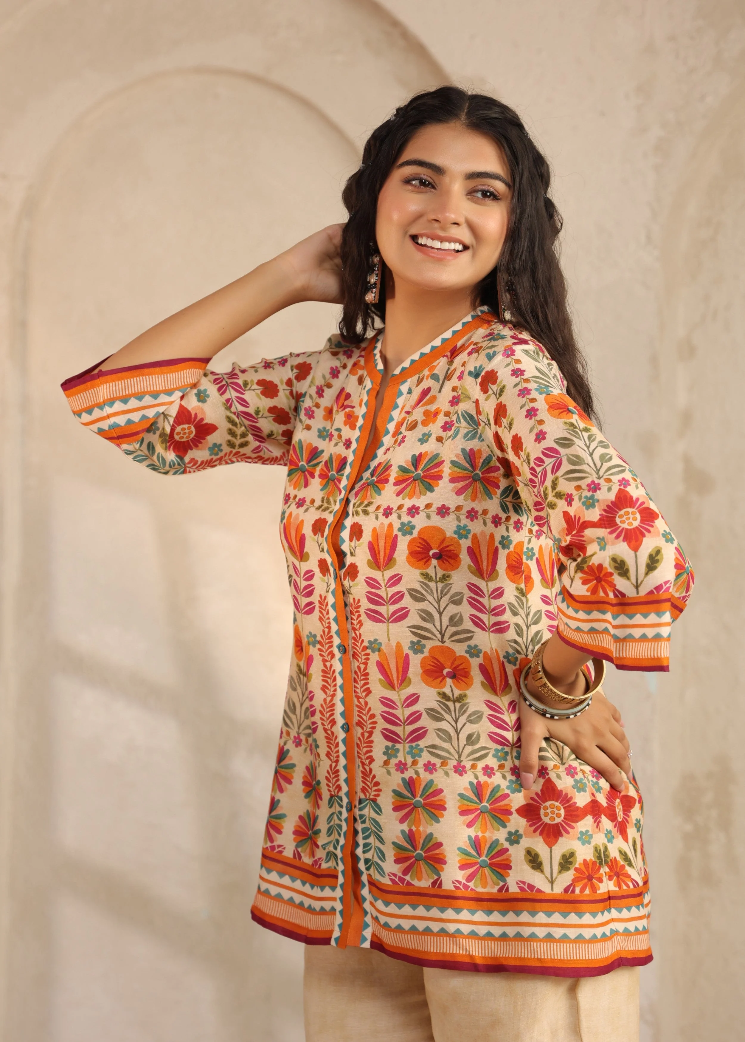 Beige Floral Printed Pure Linen Co-Ord Set - Image 2