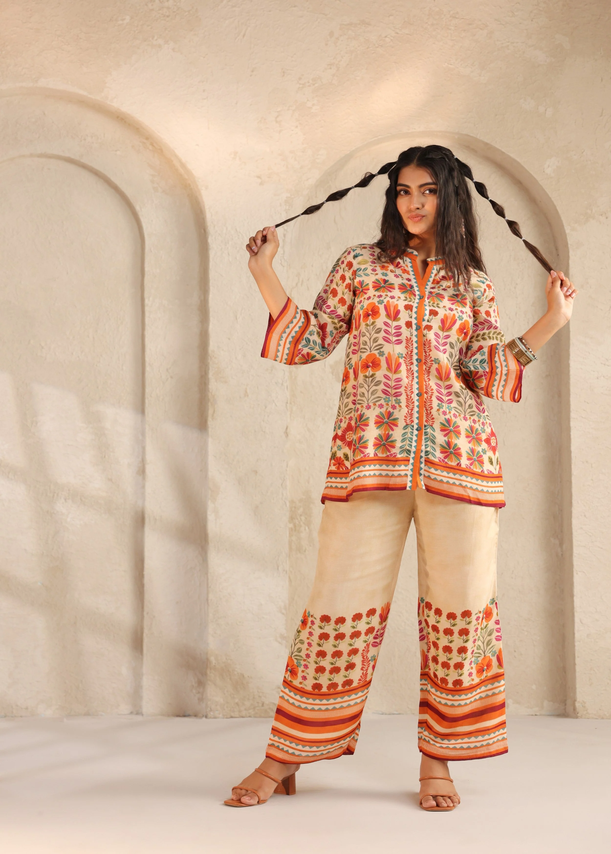 Beige Floral Printed Pure Linen Co-Ord Set - Image 3