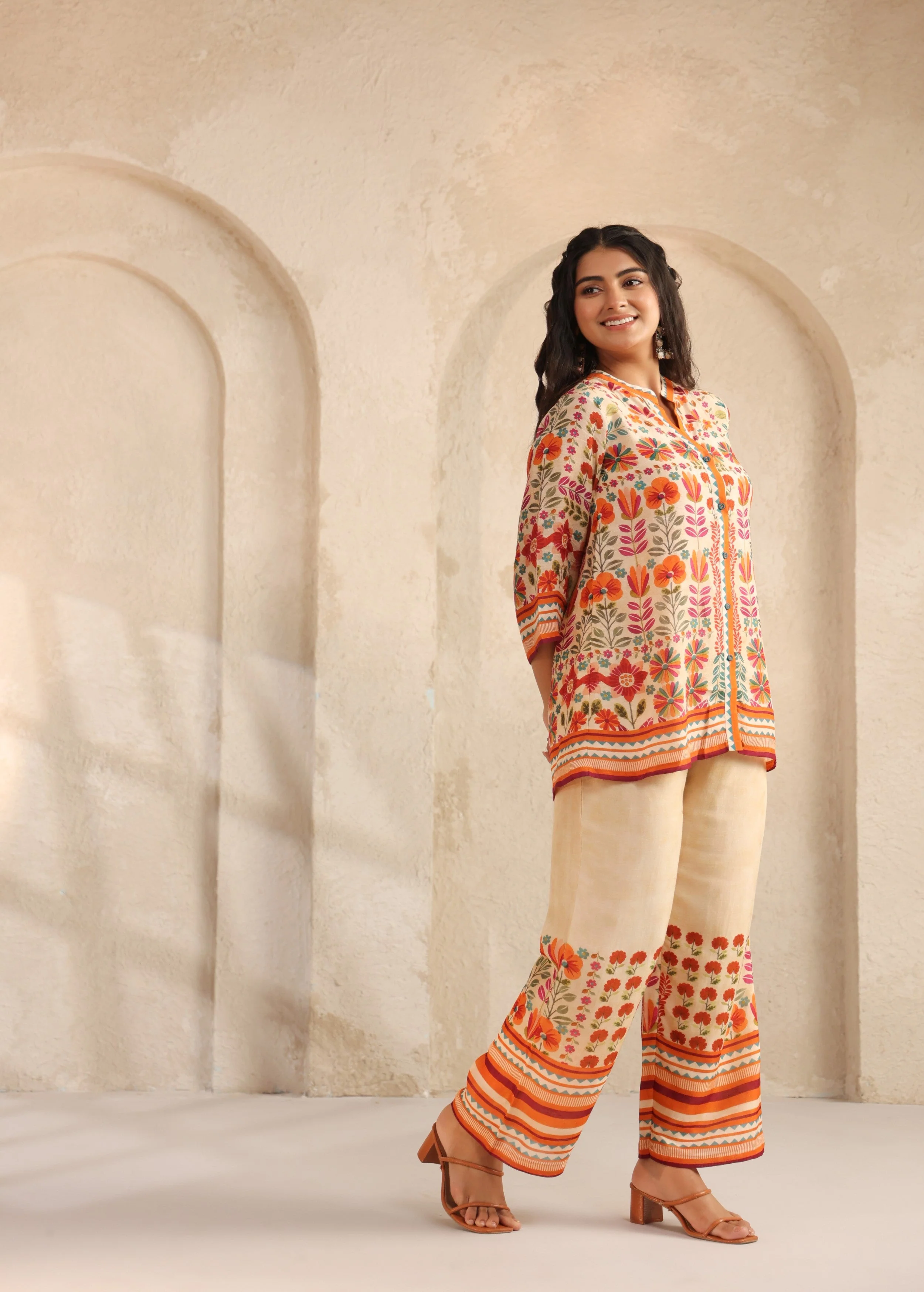 Beige Floral Printed Pure Linen Co-Ord Set - Image 4
