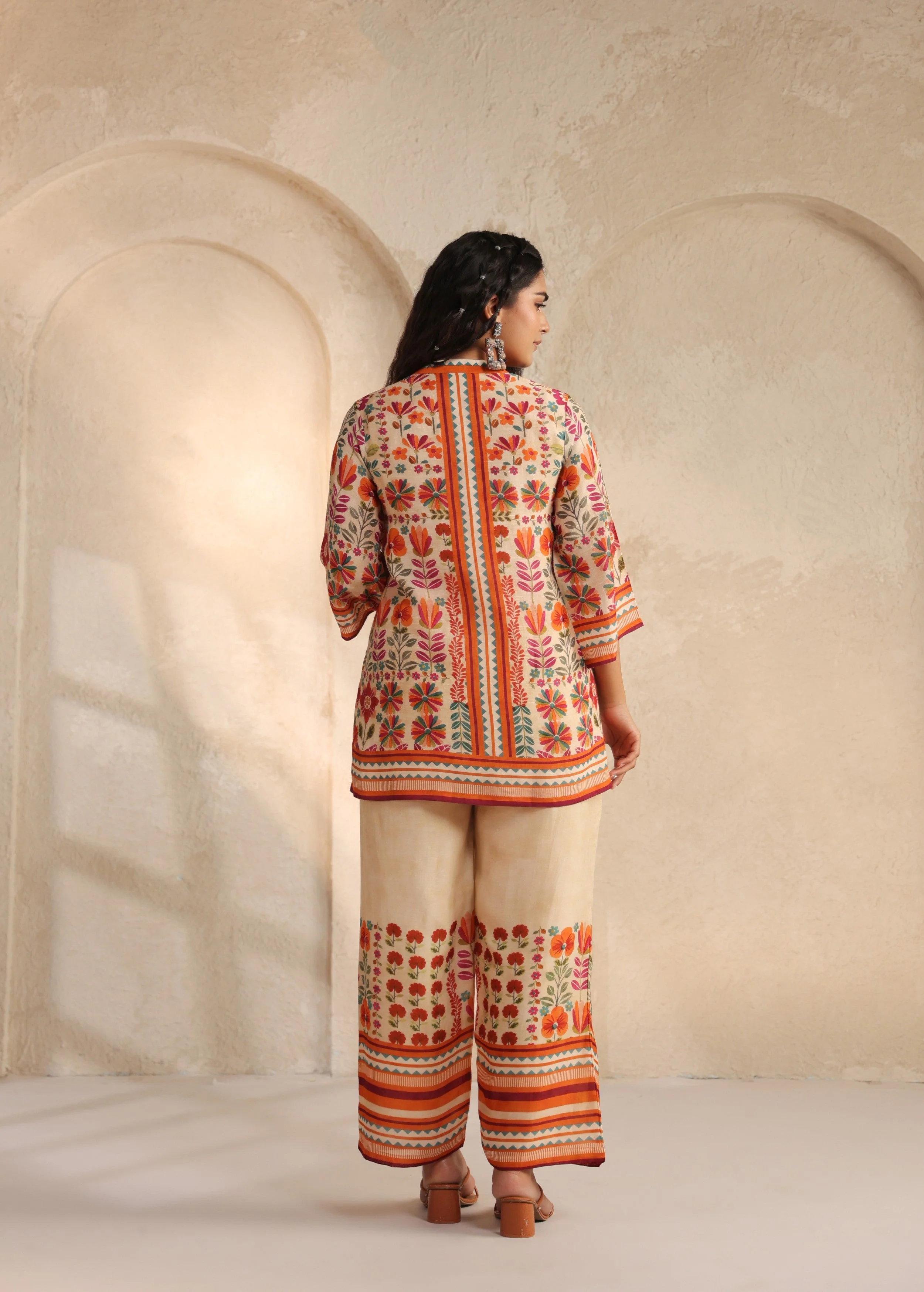 Beige Floral Printed Pure Linen Co-Ord Set - Image 5