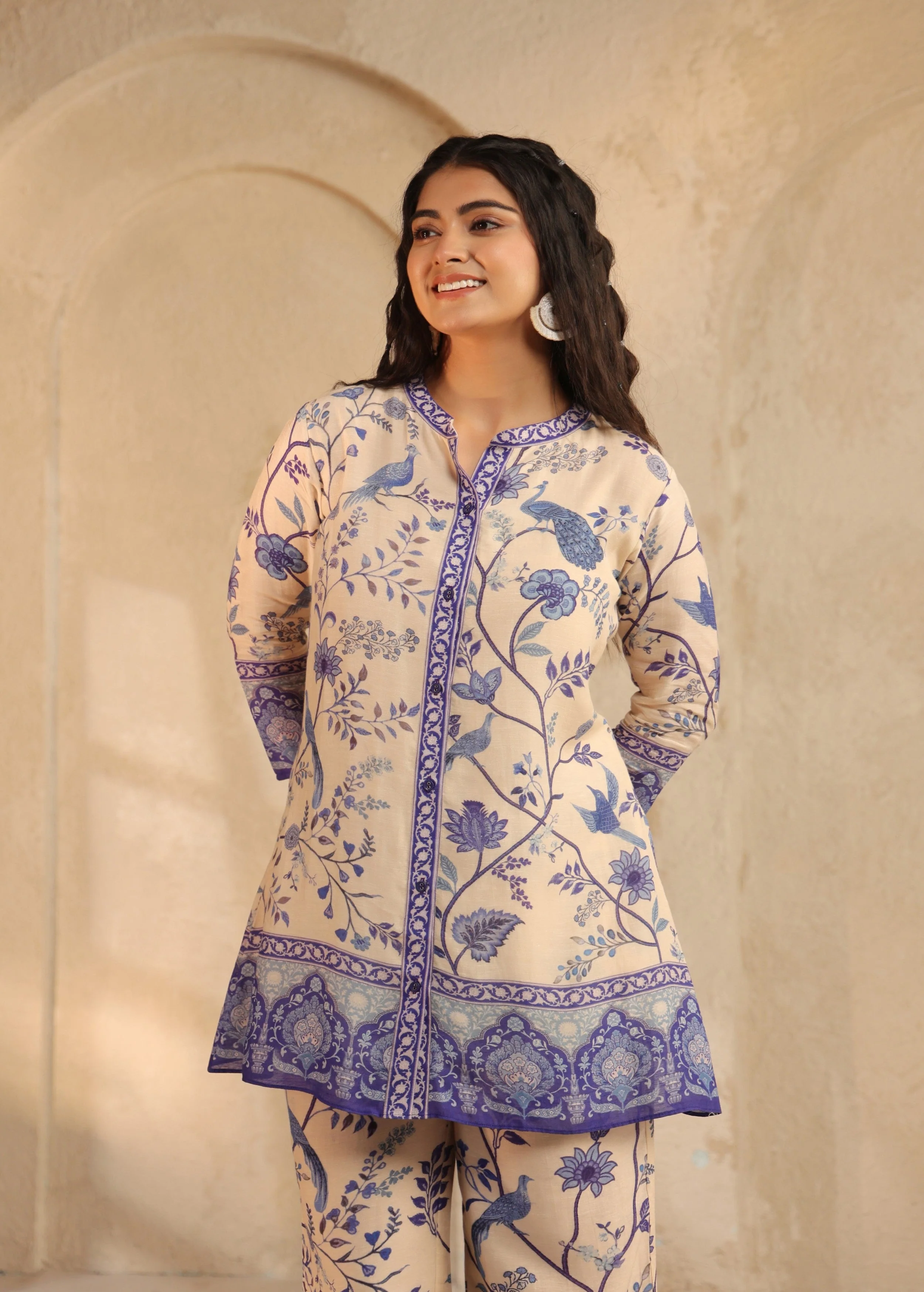 Beige and Indigo Printed Pure Linen Co-Ord Set - Image 2