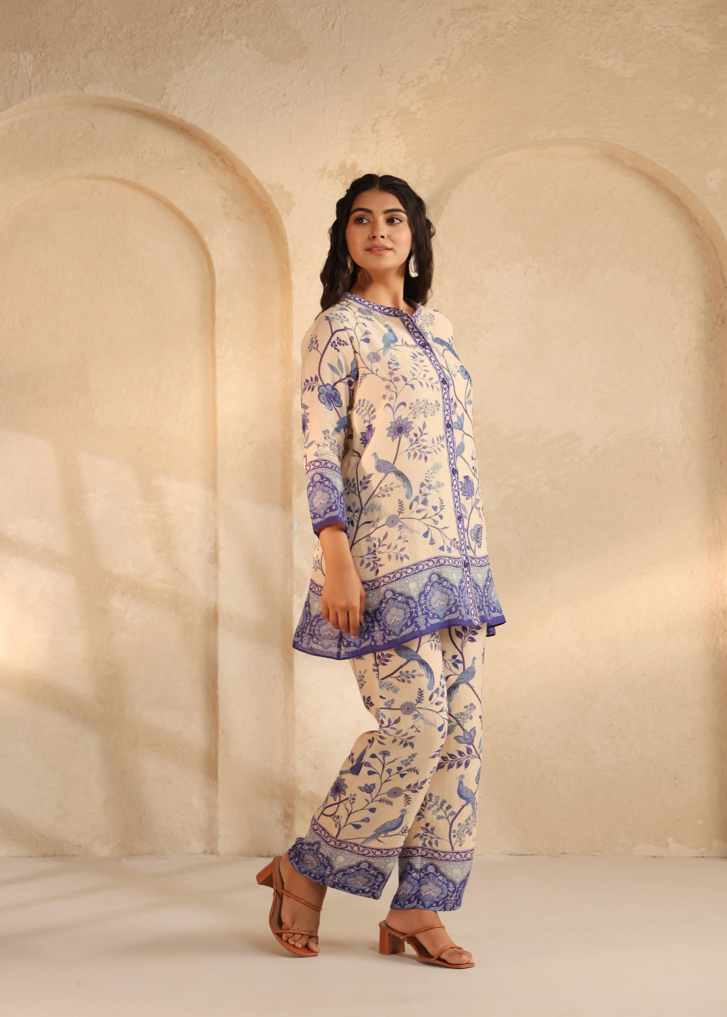 Beige and Indigo Printed Pure Linen Co-Ord Set - Image 3