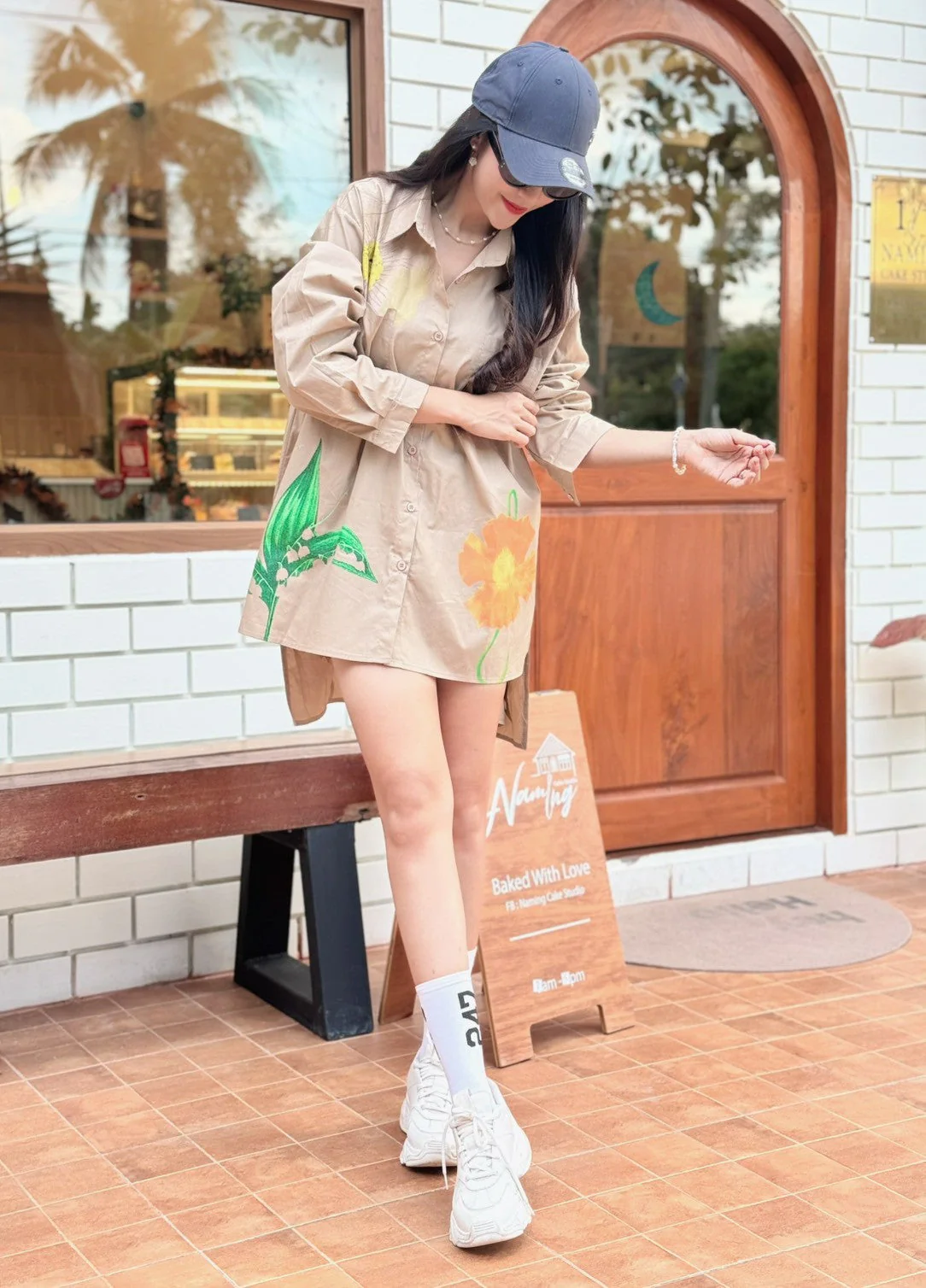 Beige Botanical Printed Cotton Shirt Dress